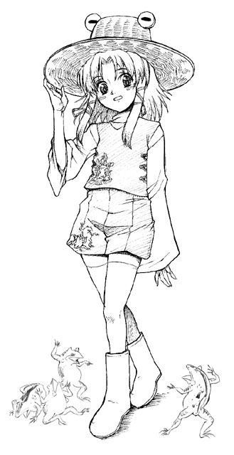 blackheart, moriya suwako, touhou, 1girl, female focus, frog, full body, greyscale, hat, monochrome, short hair, skirt, solo, thighhighs, white background