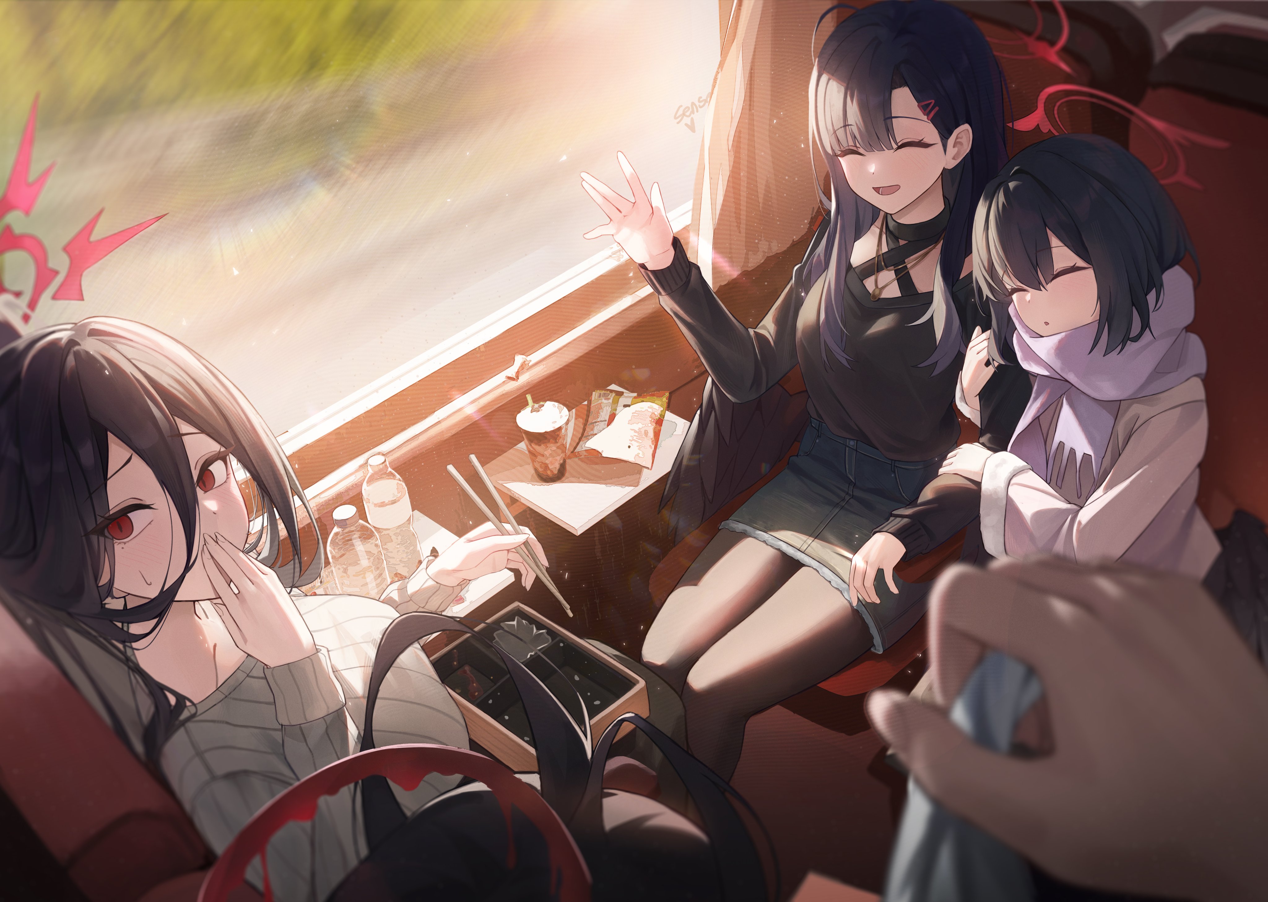 jw (wrdawrda), hasumi (blue archive), ichika (blue archive), mashiro (blue archive), tsurugi (blue archive), blue archive, absurdres, highres, 1boy, 4girls, alternate costume, alternate hairstyle, black pantyhose, black shirt, blush, chopsticks, closed eyes, closed mouth, covering own mouth, denim, denim skirt, food in mouth, hair behind ear, hair between eyes, hair ornament, hair over one eye, hairclip, halo, head on another's shoulder, holding, holding another's arm, holding bento, holding chopsticks, jacket, justice task force (blue archive), long hair, looking at viewer, multiple girls, open mouth, pantyhose, pencil skirt, pink jacket, ponytail, pov, purple scarf, red eyes, red halo, scarf, shirt, short hair, sidelocks, sitting, skirt, sweatdrop, sweater, train interior, white sweater