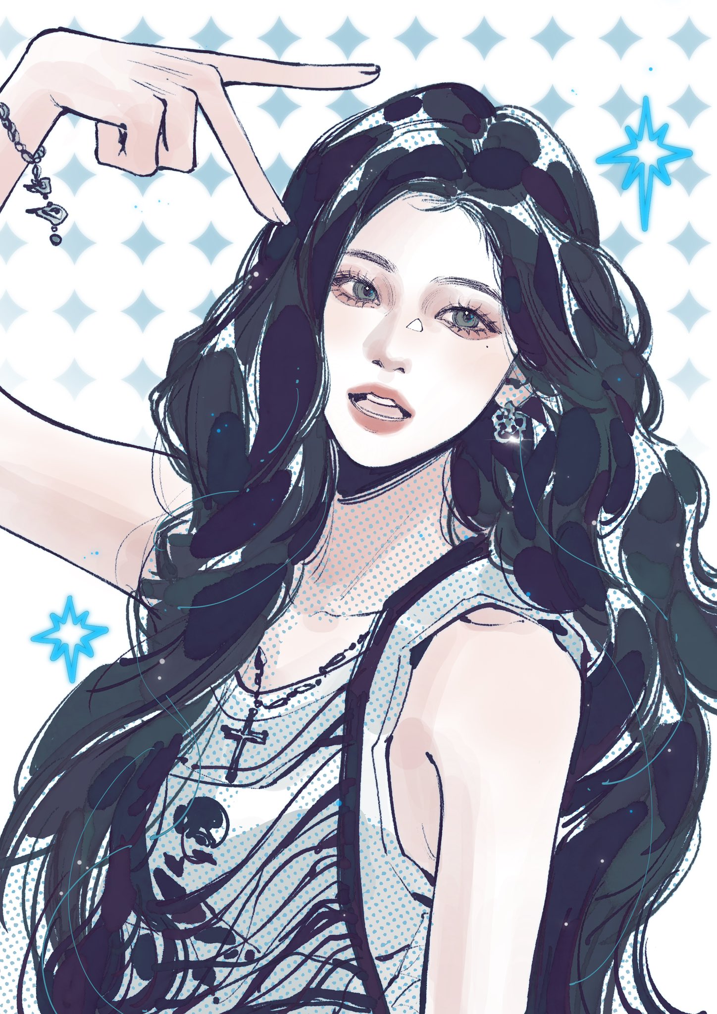 yuanwei shaoya, aespa, real life, commentary, hashtag-only commentary, highres, symbol-only commentary, 1girl, aegyo sal, black hair, bracelet, earrings, eyelashes, eyeshadow, jewelry, k-pop, long hair, looking to the side, makeup, mole, necklace, ningning (aespa), open mouth, solo, tank top, upper body, v