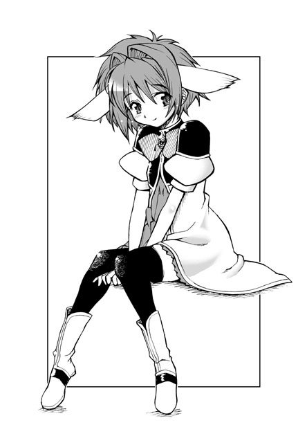 blackheart, mint blancmanche, galaxy angel, 00s, 1girl, animal ears, cat ears, female focus, full body, greyscale, looking at viewer, monochrome, puffy short sleeves, puffy sleeves, short hair, short sleeves, simple background, sitting, solo, thighhighs, white background