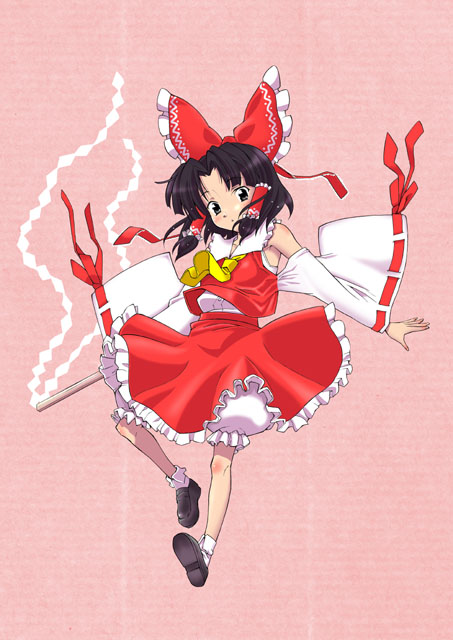 blackheart, hakurei reimu, touhou, 1girl, armpits, ascot, black eyes, black hair, blouse, detached sleeves, female focus, frilled hair tubes, frills, full body, gohei, hair tubes, japanese clothes, miko, red shirt, ribbon, shirt, skirt, sleeveless, sleeveless shirt, socks, solo, white shirt, yellow ascot