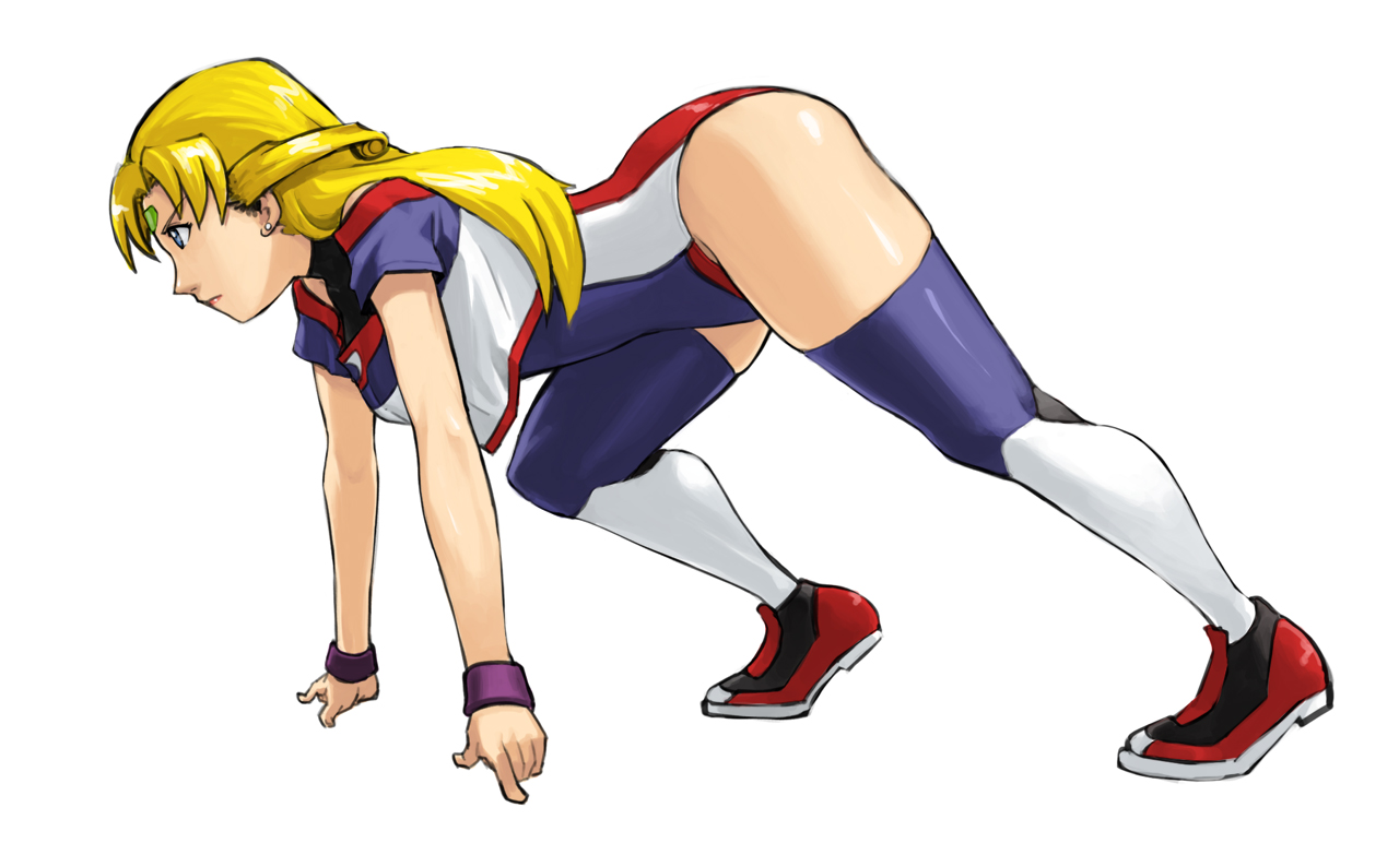 tachibana midori, tachibana roku, jessie gurtland, battle athletes, bad id, bad pixiv id, 1990s (style), 1girl, blonde hair, blue eyes, female focus, long hair, retro artstyle, solo, thighhighs