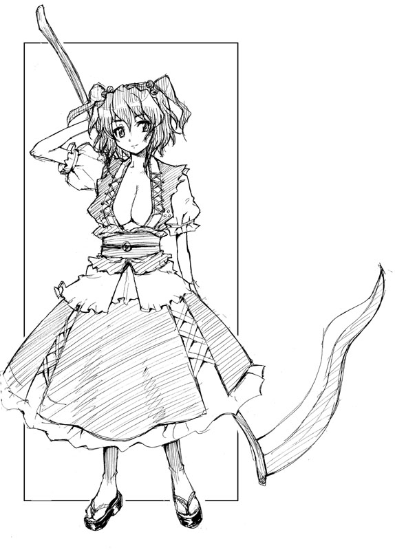 blackheart, onozuka komachi, touhou, 1girl, breasts, cleavage, female focus, full body, greyscale, monochrome, solo, white background