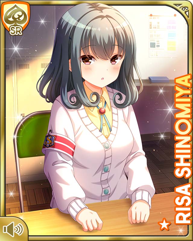 qp:flapper, shinomiya risa, girlfriend (kari), official art, tagme, 1girl, :o, blue skirt, brown eyes, card (medium), cardigan, chair, character name, day, green hair, indoors, jewelry, on chair, open mouth, orange shirt, plaid clothes, plaid skirt, school, school uniform, shirt, sitting, skirt, table, white cardigan, wooden table