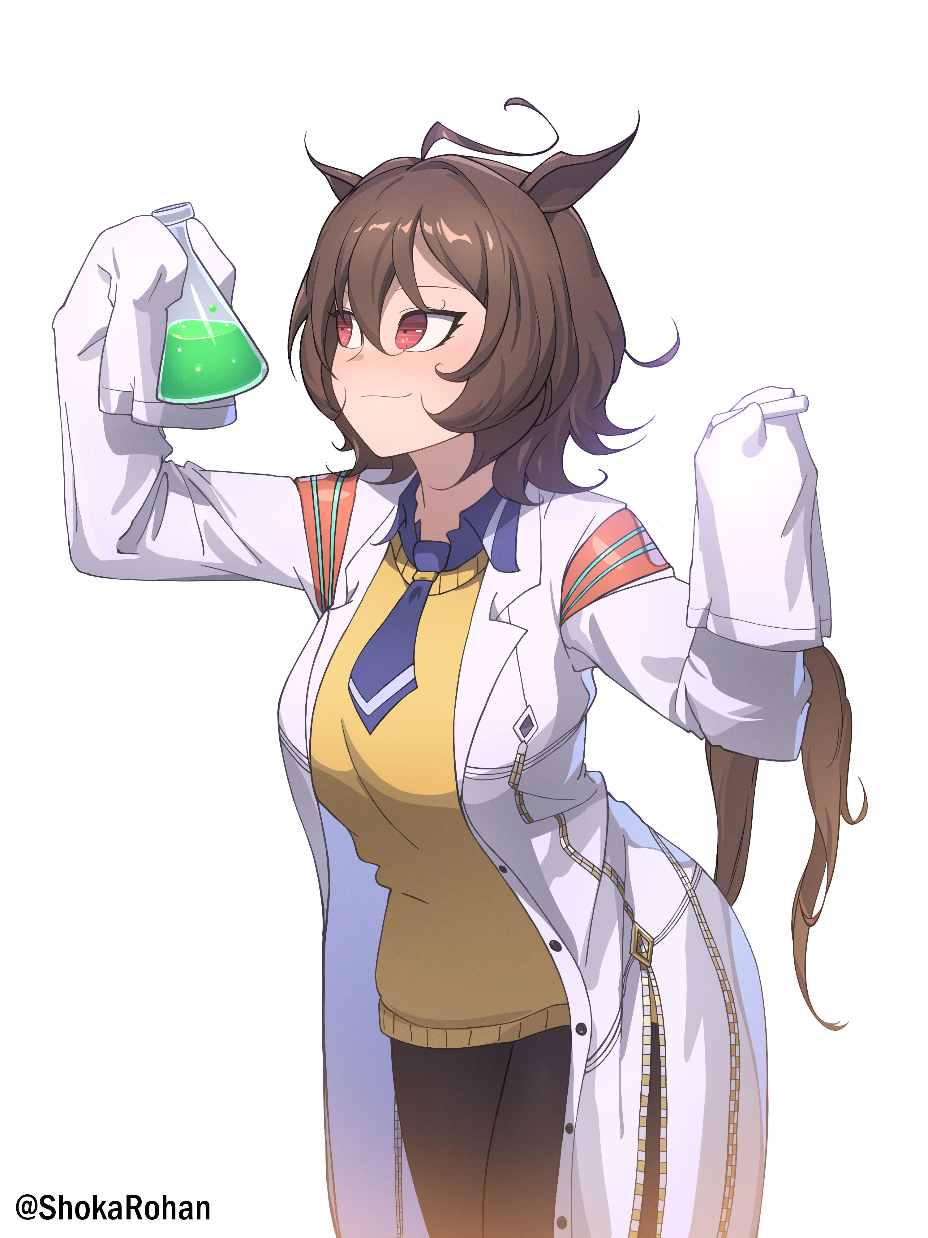 agnes tachyon (tach-nology) (umamusume), agnes tachyon (umamusume), umamusume, absurdres, highres, 1girl, ahoge, animal ears, beaker, blush, breasts, brown hair, closed mouth, coat, hair between eyes, holding, holding beaker, horse ears, horse girl, horse tail, huge ahoge, lab coat, long sleeves, medium hair, necktie, pantyhose, red eyes, shirt, shokarohan, short necktie, simple background, sleeves past fingers, sleeves past wrists, smile, solo, sweater, sweater vest, tail, white background, white coat, yellow sweater, yellow sweater vest