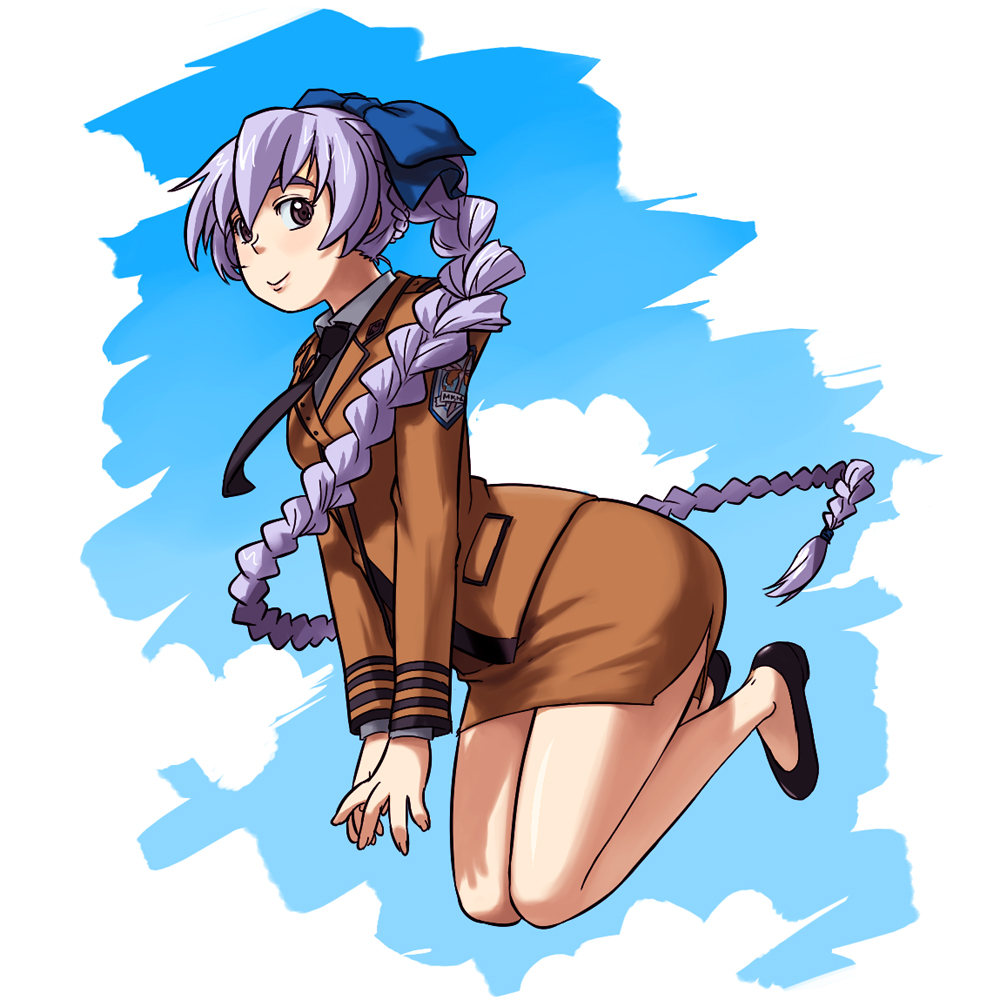 tachibana midori, tachibana roku, teletha testarossa, full metal panic!, uniform, bad id, bad pixiv id, 00s, 1girl, braid, female focus, kneeling, long hair, pencil skirt, purple eyes, purple hair, skirt, solo, very long hair, white hair