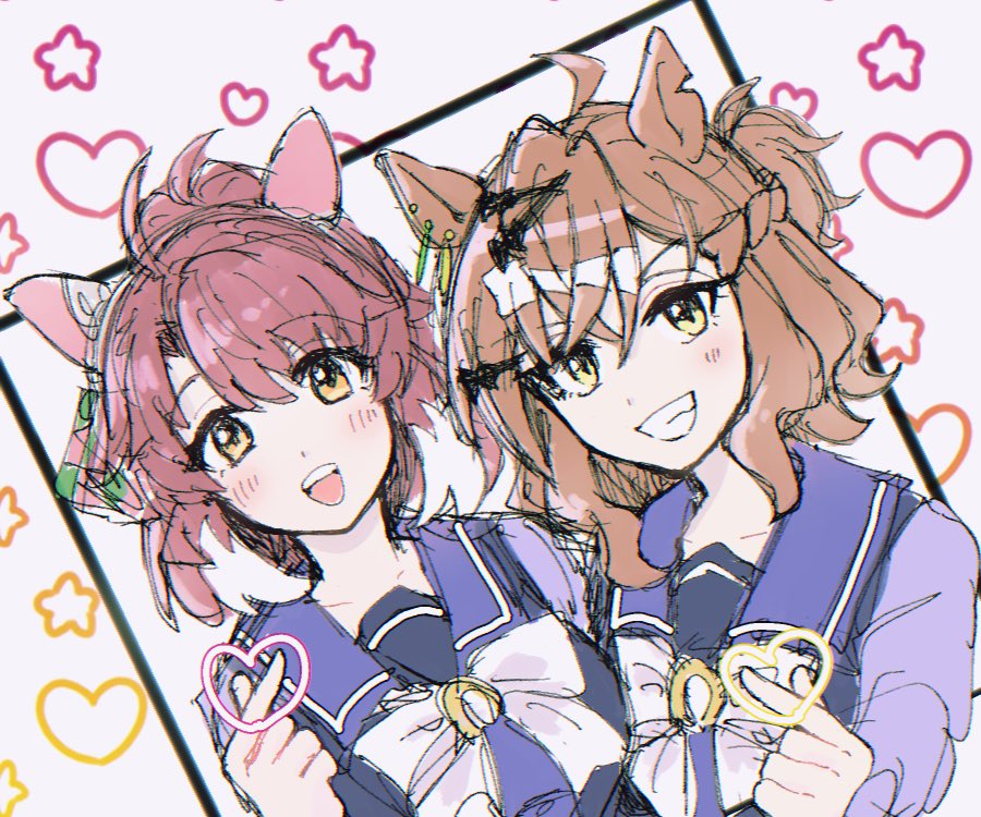dantsu flame (umamusume), jungle pocket (umamusume), umamusume, 2girls, ahoge, animal ears, blush, bow, bowtie, breasts, brown eyes, brown hair, checkered ribbon, ear ornament, ear ribbon, finger heart, hair between eyes, hair ornament, hairclip, heart, horse ears, horse girl, jewelry, long sleeves, looking at viewer, medium hair, multicolored hair, multiple girls, notched ear, open mouth, purple sailor collar, purple shirt, sailor collar, sailor shirt, sanayama (thou uoht), school uniform, shirt, smile, star (symbol), teeth, tracen school uniform, upper body, white bow, white bowtie, white hair, yellow eyes