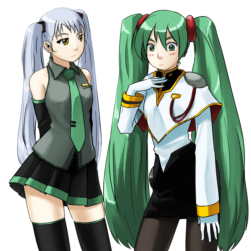 tachibana midori, tachibana roku, hatsune miku, hoshino ruri, kidou senkan nadesico, kidou senkan nadesico – prince of darkness, vocaloid, bad id, bad pixiv id, 2girls, cosplay, costume switch, crossover, detached sleeves, gloves, green eyes, green hair, hatsune miku (cosplay), long hair, multiple girls, necktie, pantyhose, parody, pencil skirt, skirt, thighhighs, twintails, very long hair, white hair, yellow eyes, zettai ryouiki
