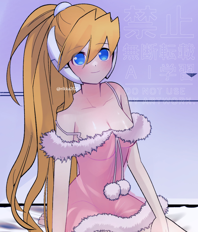 rikka (user hruv2435), ciel (mega man), mega man (series), mega man zero (series), commission, vgen commission, 1girl, bare shoulders, blonde hair, blue eyes, blush, breasts, cleavage, closed mouth, collarbone, cowboy shot, dress, full body, high ponytail, kneeling, long hair, medium breasts, no panties, ponytail, robot ears, see-through clothes, see-through dress, smile, solo, spaghetti strap, watermark