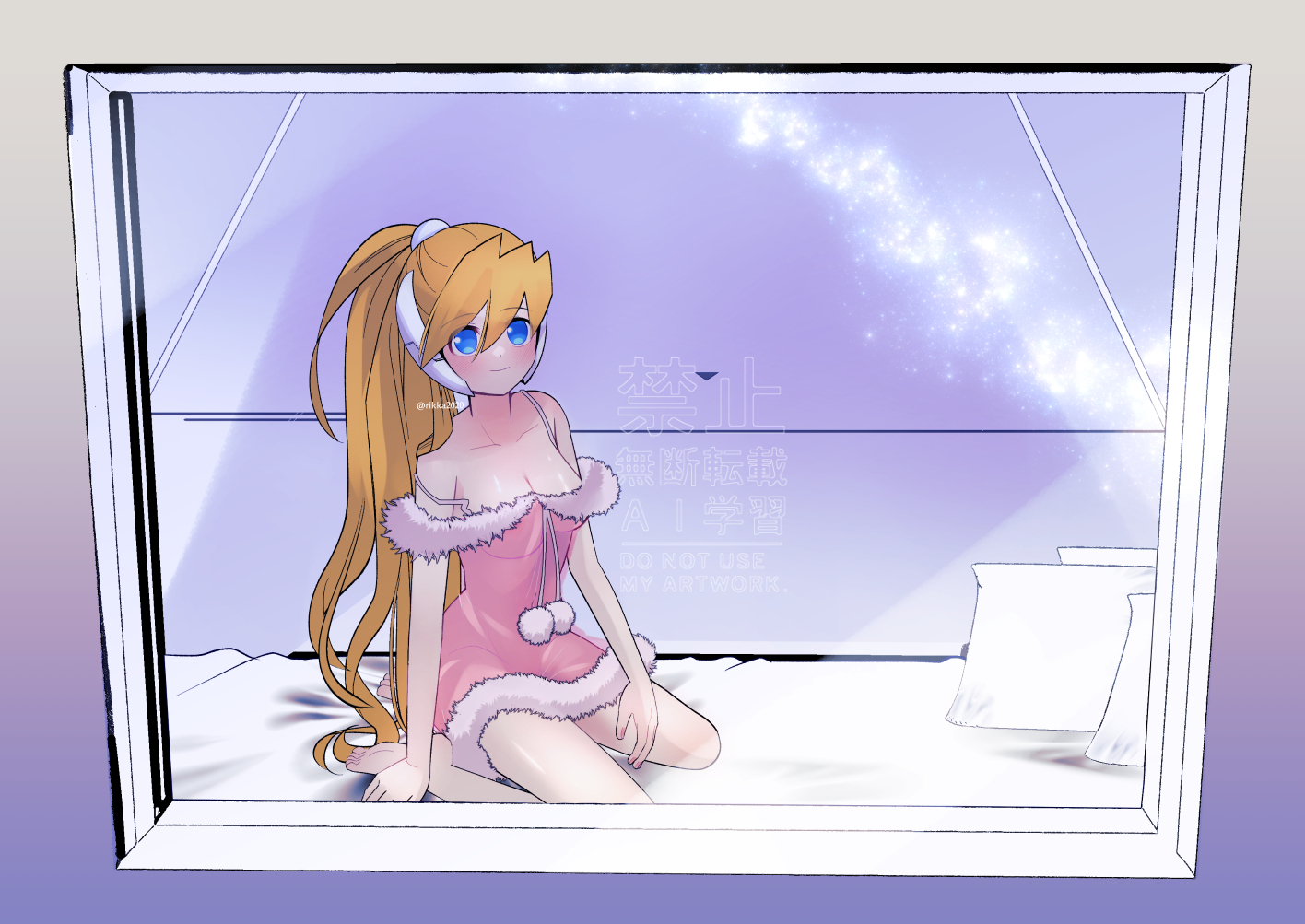 rikka (user hruv2435), ciel (mega man), mega man (series), mega man zero (series), commission, vgen commission, 1girl, bare shoulders, blonde hair, blue eyes, blush, breasts, cleavage, closed mouth, collarbone, dress, full body, high ponytail, kneeling, long hair, medium breasts, no panties, ponytail, robot ears, see-through clothes, see-through dress, smile, solo, spaghetti strap, watermark