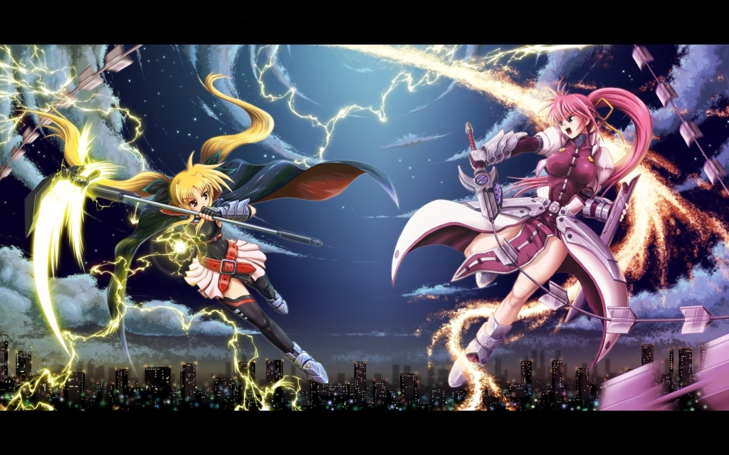 sentaro, bardiche (haken form) (nanoha), bardiche (nanoha), fate testarossa, fate testarossa (lightning form), laevatein (nanoha), signum, lyrical nanoha, mahou shoujo lyrical nanoha, mahou shoujo lyrical nanoha a's, 00s, blonde hair, energy blade, letterboxed, pink hair, ponytail, scythe, sword, weapon, whip, whip sword