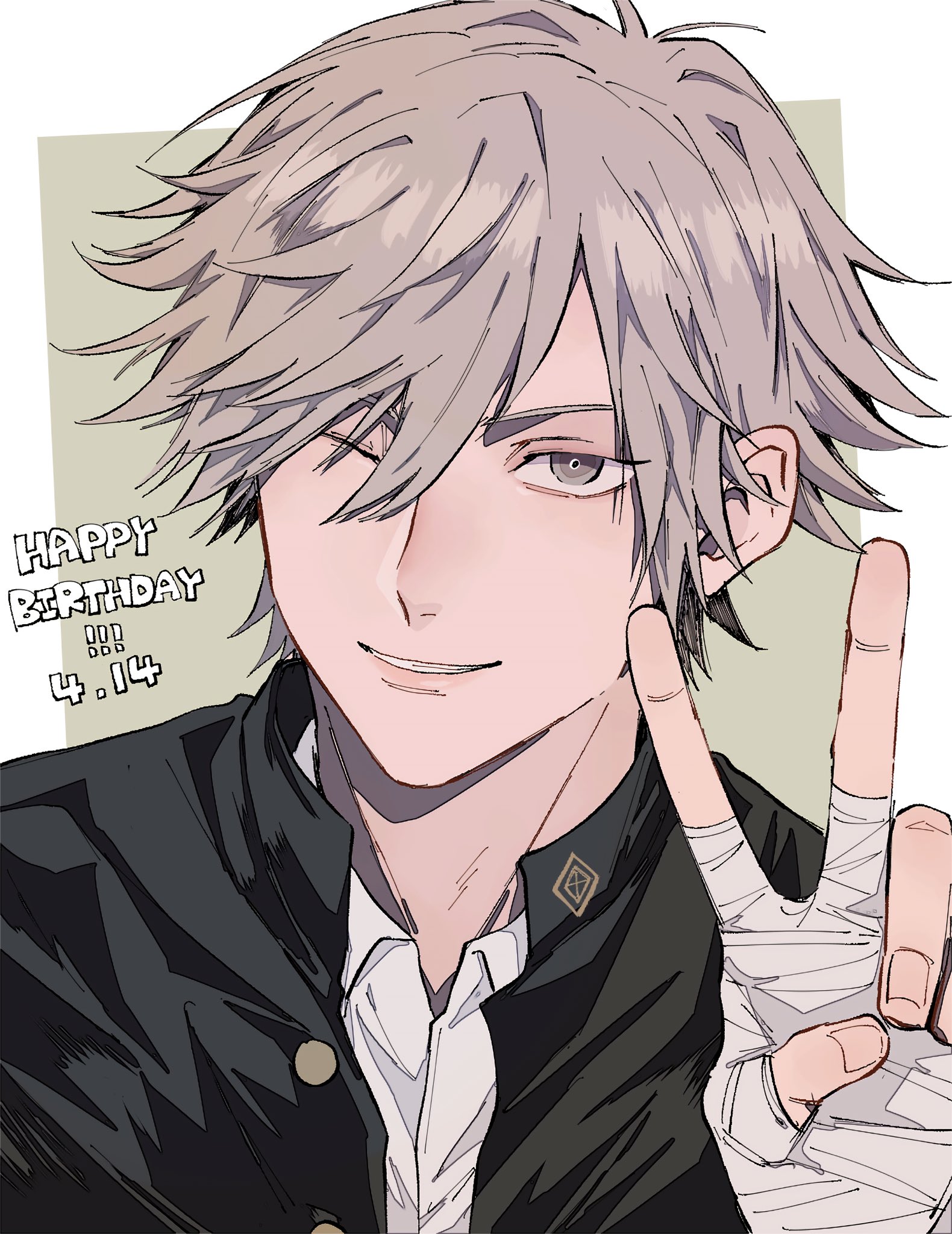 nashizato (99), shiraishi kuranosuke, tennis no ouji-sama, commentary request, highres, 1boy, bandaged hand, bandages, birthday date, buttons, collared shirt, gakuran, grey eyes, grey hair, happy birthday, male focus, one eye closed, school uniform, shirt, solo, upper body, v, white shirt