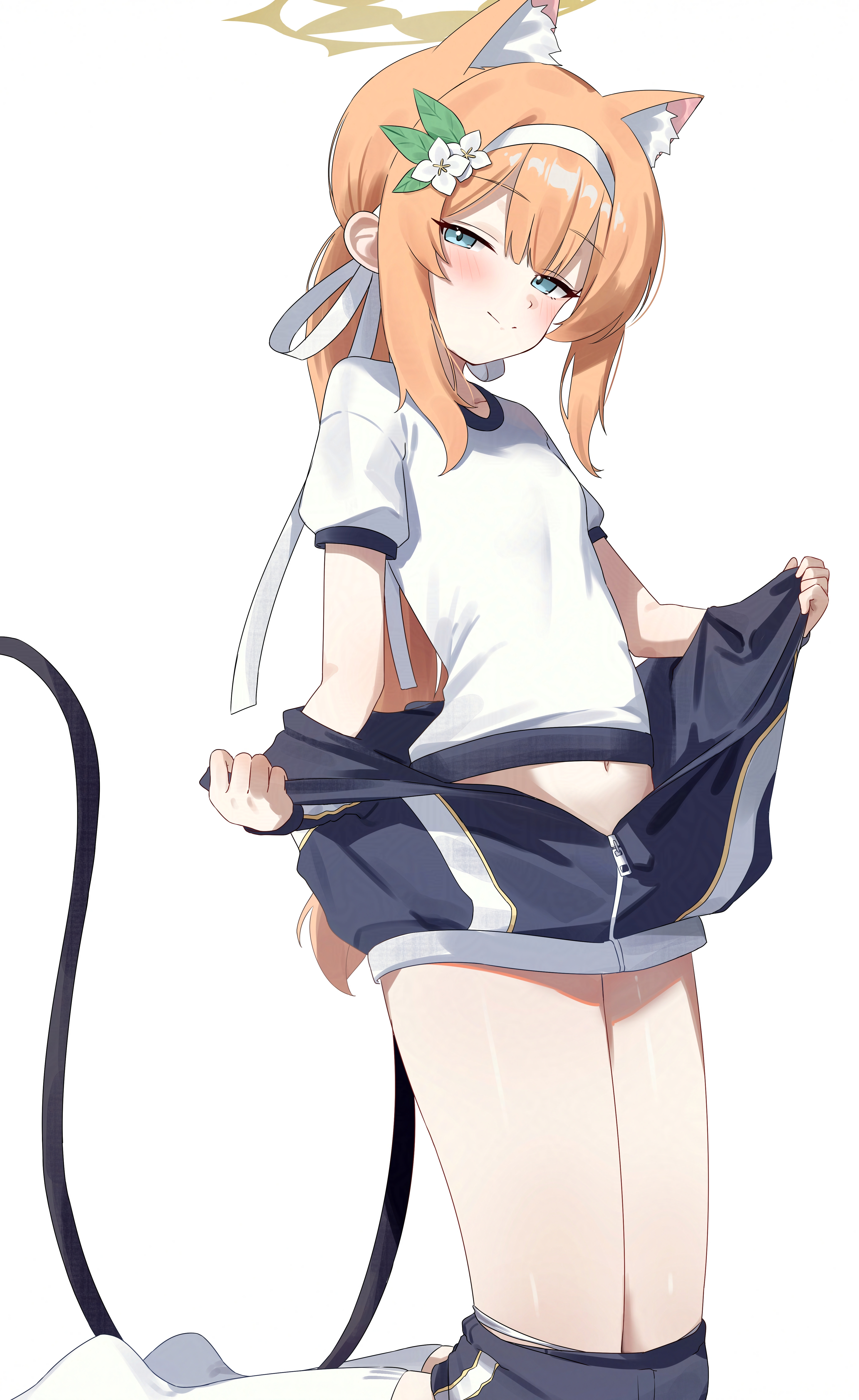 d (delt4), mari (blue archive), mari (track) (blue archive), blue archive, absurdres, commentary request, highres, 1girl, animal ears, black jacket, black shorts, blue eyes, blush, breasts, cat ears, cat tail, clothes pull, convenient censoring, fake tail, flower, full body, gym uniform, hair flower, hair ornament, halo, headband, jacket, kneeling, long hair, looking at viewer, naughty face, navel peek, official alternate costume, official alternate hairstyle, orange hair, panties, panty pull, ponytail, removing jacket, seductive smile, shirt, shoes, short sleeves, shorts, shorts pull, sidelocks, small breasts, smile, solo, tail, tail raised, thighs, track jacket, underwear, undressing, white flower, white headband, white shirt, white shoes, yellow halo