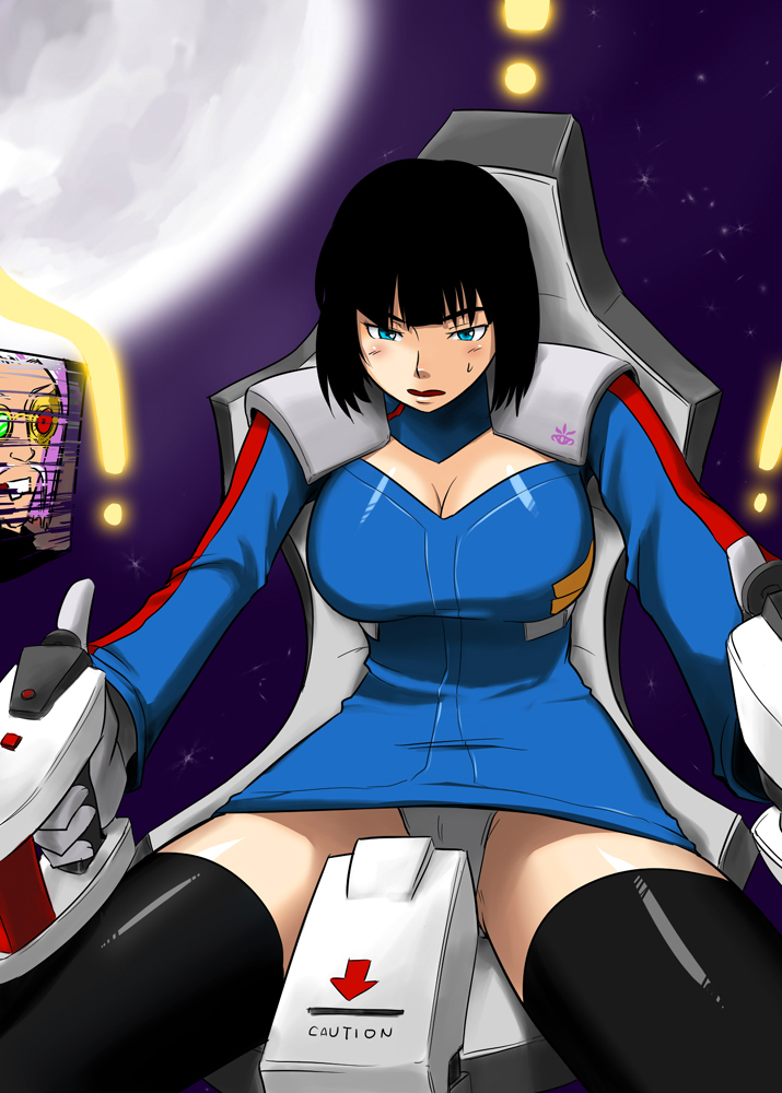 tachibana midori, tachibana roku, pixiv robot wars, uniform, bad id, bad pixiv id, 1girl, black hair, blue eyes, breasts, cleavage, cockpit, female focus, large breasts, panties, pantyshot, short hair, solo, space, spread legs, thighhighs, underwear, upskirt, white panties