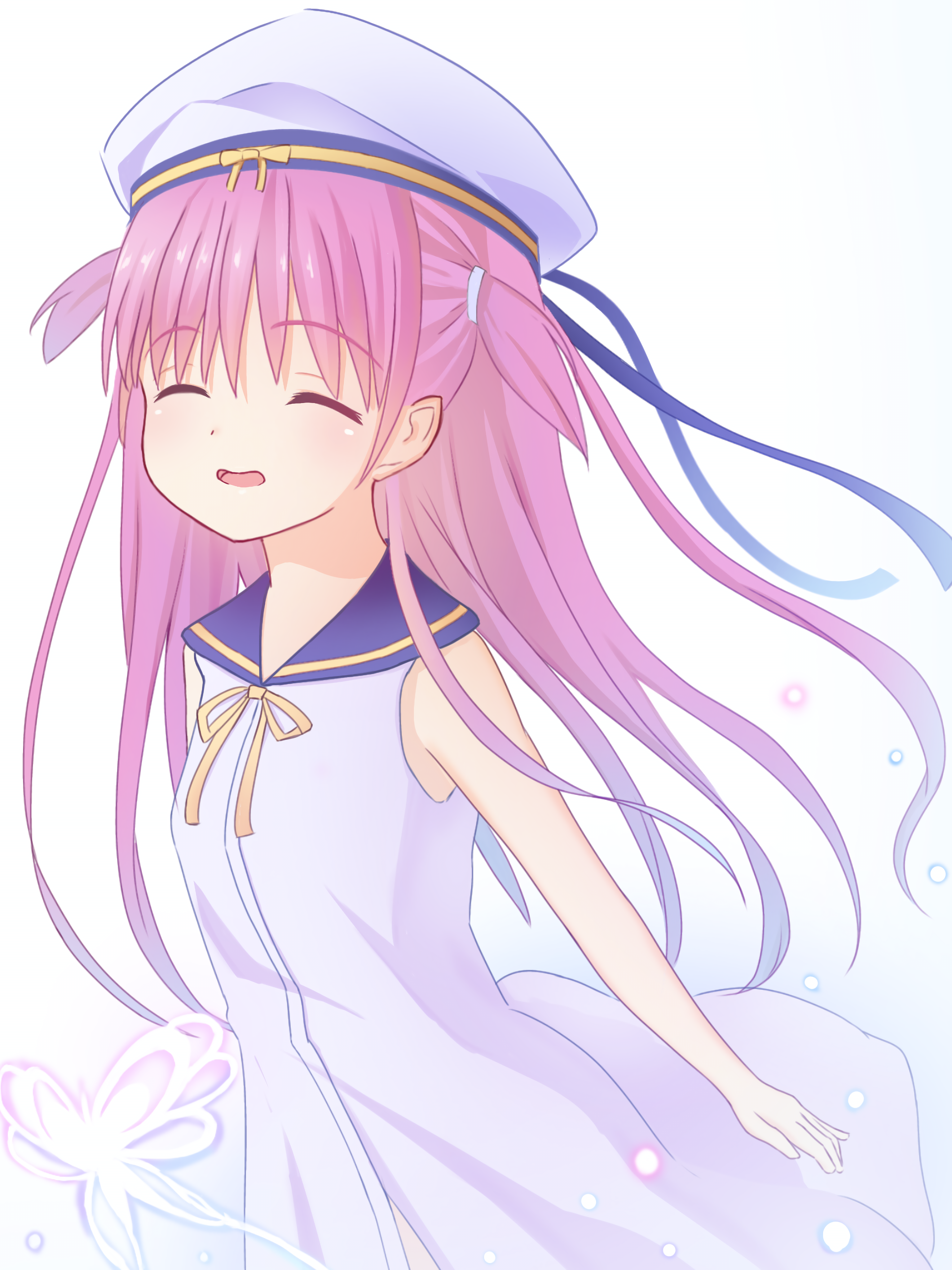 user jvdy4345, katou umi, summer pockets, absurdres, commentary, highres, 1girl, ^ ^, black ribbon, blue sailor collar, bug, butterfly, closed eyes, cowboy shot, dress, facing viewer, floating hair, glowing butterfly, hair between eyes, hat, hat ribbon, insect, light particles, long hair, open mouth, pink hair, ribbon, sailor collar, sailor hat, simple background, sleeveless, sleeveless dress, smile, solo, two side up, very long hair, white background, white butterfly, white dress, white hat, yellow eyes