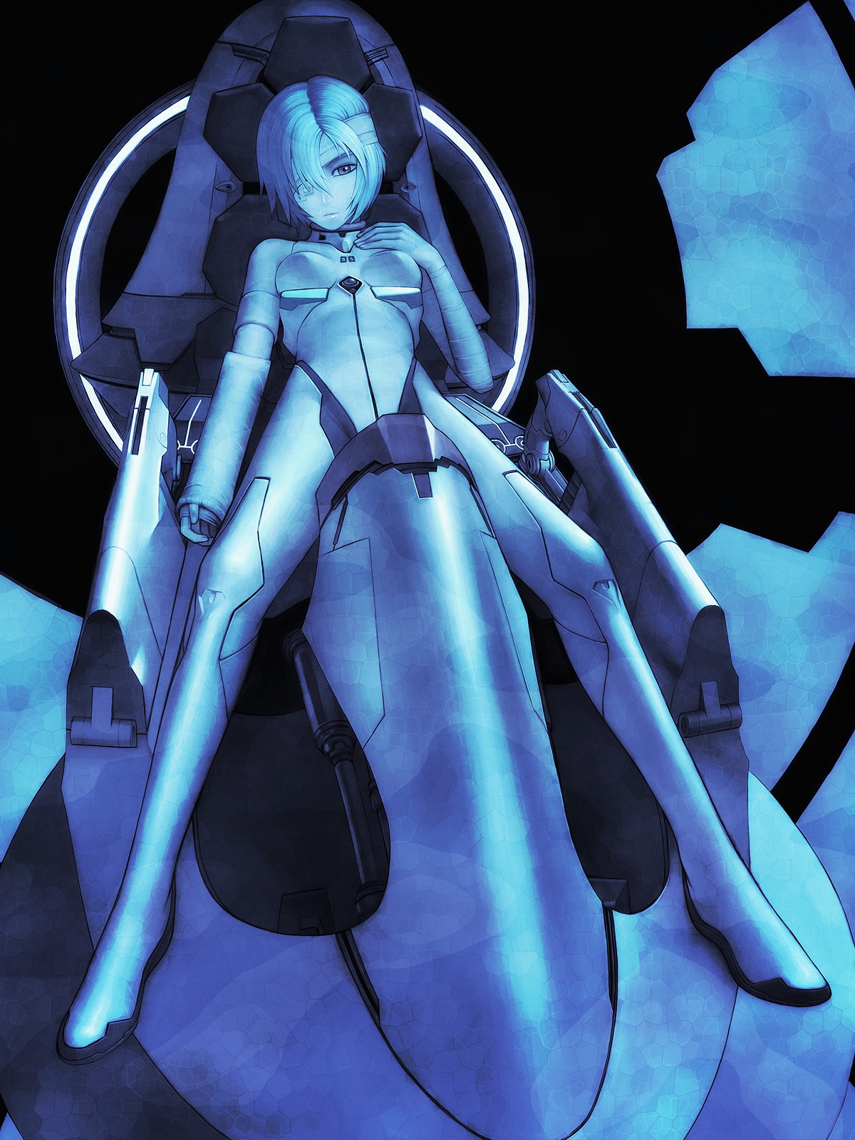 iwai ryou, ayanami rei, neon genesis evangelion, highres, 1girl, bandage over one eye, bandages, blue hair, cockpit, entry plug, female focus, hair between eyes, hair over one eye, head tilt, mecha pilot suit, one eye covered, plugsuit (evangelion), short hair, sitting, solo, spread legs