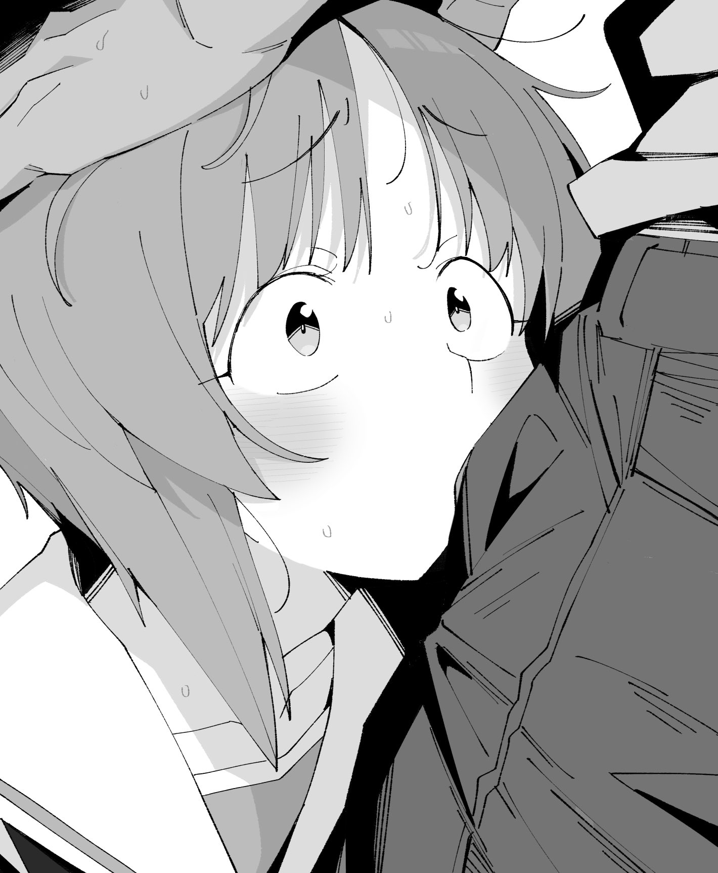 henyaan (oreizm), nishizumi miho, girls und panzer, commentary request, highres, 1boy, 1girl, blush, deepthroat, fellatio, greyscale, hands on another's head, hetero, irrumatio, monochrome, ooarai school uniform, oral, pants, school uniform, shirt, short hair, solo focus, upper body