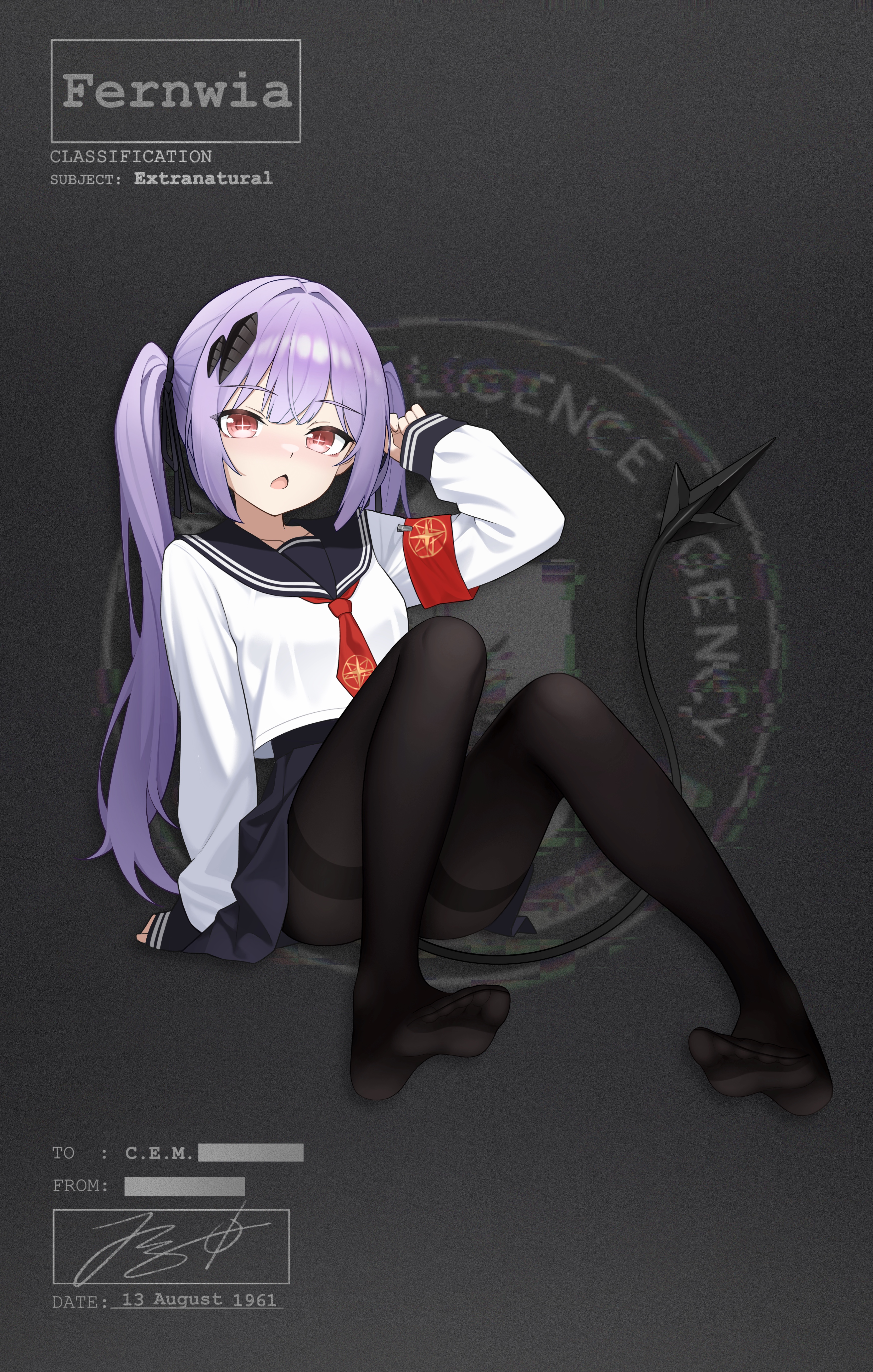 jerry wang, original, absurdres, adversarial noise, commentary, english commentary, highres, + +, 1girl, :o, arm support, armband, bar censor, black pantyhose, black ribbon, black sailor collar, black skirt, black tail, blue hair, breasts, brown eyes, brown hair, censored, central intelligence agency, character name, collarbone, dated, demon girl, demon tail, emblem, english text, feet, full body, glitch, hair tie, hand up, long hair, long sleeves, necktie, open mouth, pantyhose, pleated skirt, red armband, red necktie, ribbon, sailor collar, school uniform, serafuku, shirt, shoes, sidelocks, signature, sitting, skirt, small breasts, smile, soles, solo, symbol-shaped pupils, tail, toes, twintails, white shirt