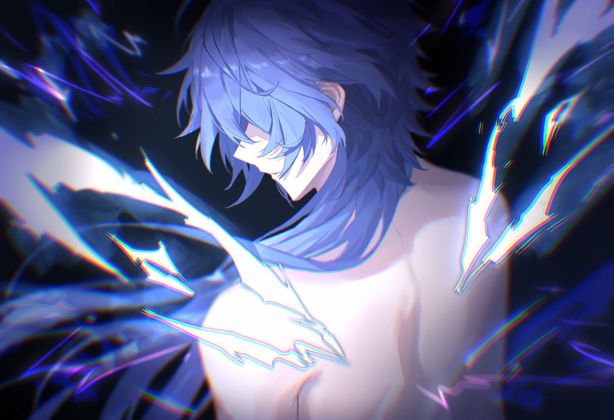 matohuku1210, flins (genshin impact), genshin impact, highres, 1boy, back, blue hair, closed mouth, from behind, long hair, male focus, nude, solo, unusual wings, upper body