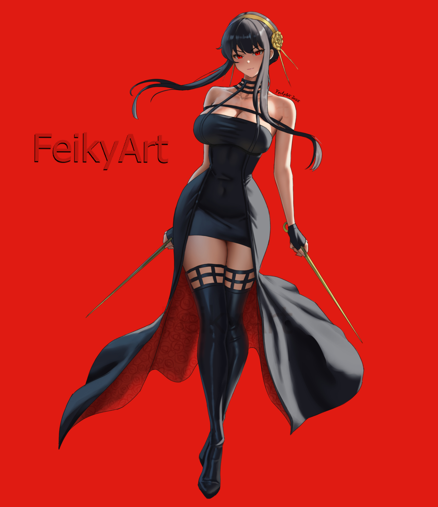 feikyart, yor briar, spy x family, highres, 1girl, artist name, bare shoulders, black boots, black dress, black hair, boots, dress, full body, high heel boots, high heels, holding, holding weapon, red background, red eyes, simple background, solo, strapless, thigh boots, weapon