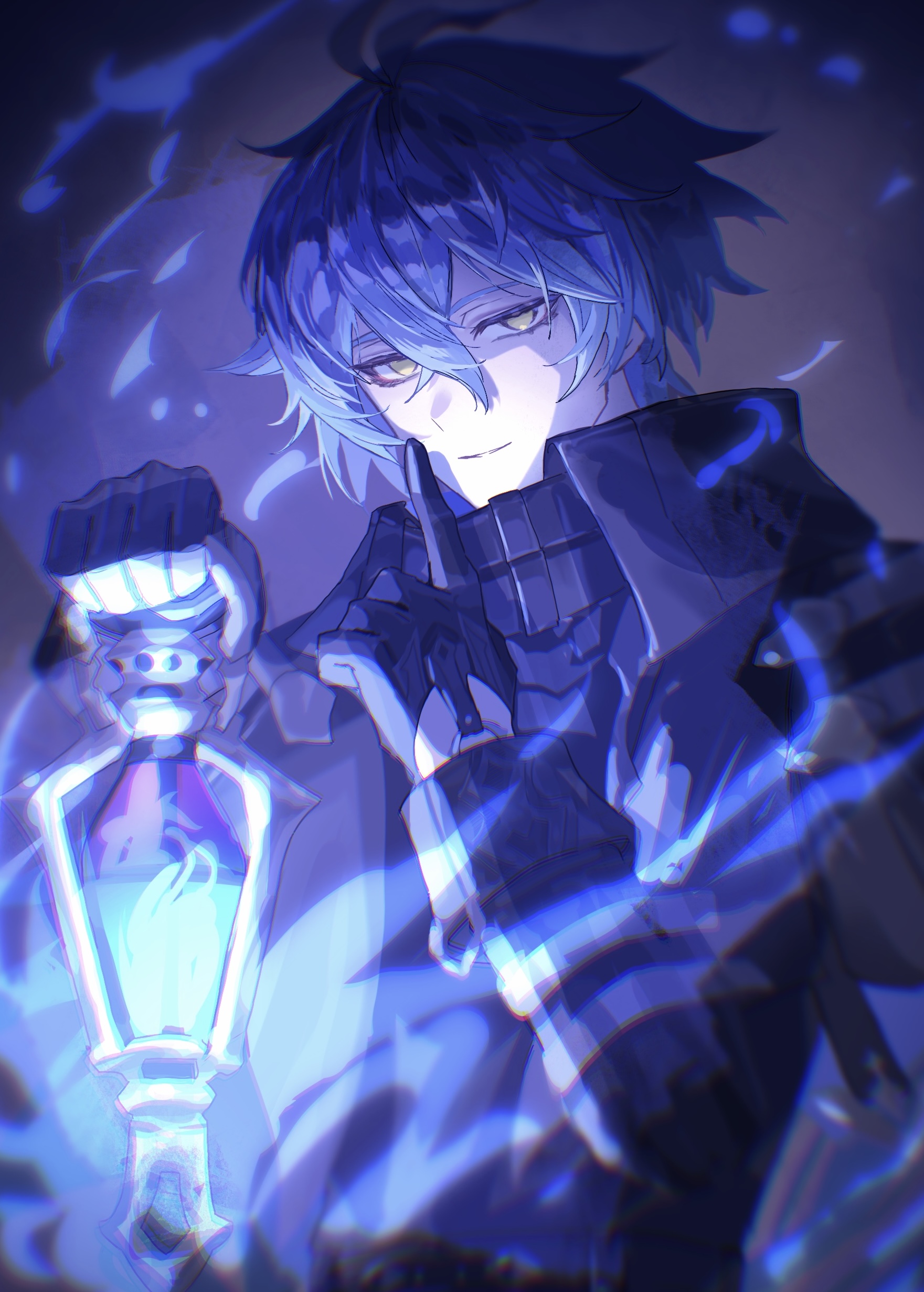 matohuku1210, flins (genshin impact), genshin impact, absurdres, commentary request, highres, 1boy, antenna hair, black coat, black gloves, blue hair, closed mouth, coat, collared coat, finger to mouth, gloves, hair between eyes, holding, holding lantern, index finger raised, lantern, long hair, long sleeves, male focus, shushing, solo, upper body, yellow eyes