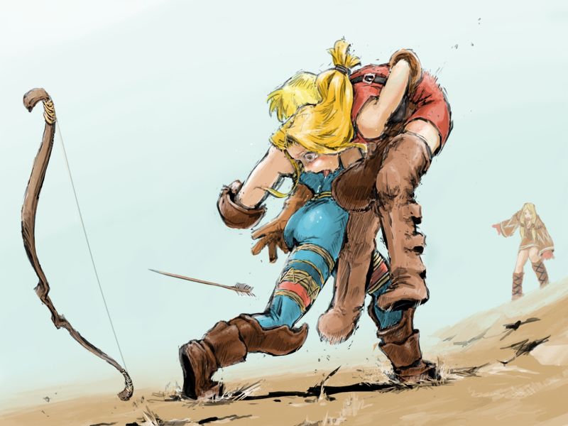 bearclaw, archer (fft), geomancer (fft), monk (fft), final fantasy, final fantasy tactics, 3girls, arrow (projectile), ass, battle, blonde hair, boots, bow (weapon), catfight, gloves, long hair, multiple girls, punching, stomach punch, thigh boots, thighhighs, weapon