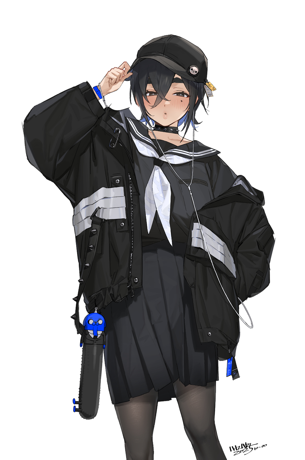 gebijiade 89, jake the dog, original, commentary request, highres, partial commentary, 1girl, black choker, black eyes, black hair, black jacket, black pantyhose, black serafuku, black skirt, choker, colored inner hair, cowboy shot, crossed bangs, dated, earbuds, earphones, hair between eyes, hand on headwear, hat, jacket, lips, looking at viewer, mole, mole under eye, multicolored hair, neckerchief, open clothes, open jacket, pantyhose, peaked cap, pleated skirt, sailor collar, school uniform, serafuku, short hair, sidelocks, signature, simple background, skirt, solo, spiked choker, spiked jacket, spikes, thick eyebrows, white background, white neckerchief