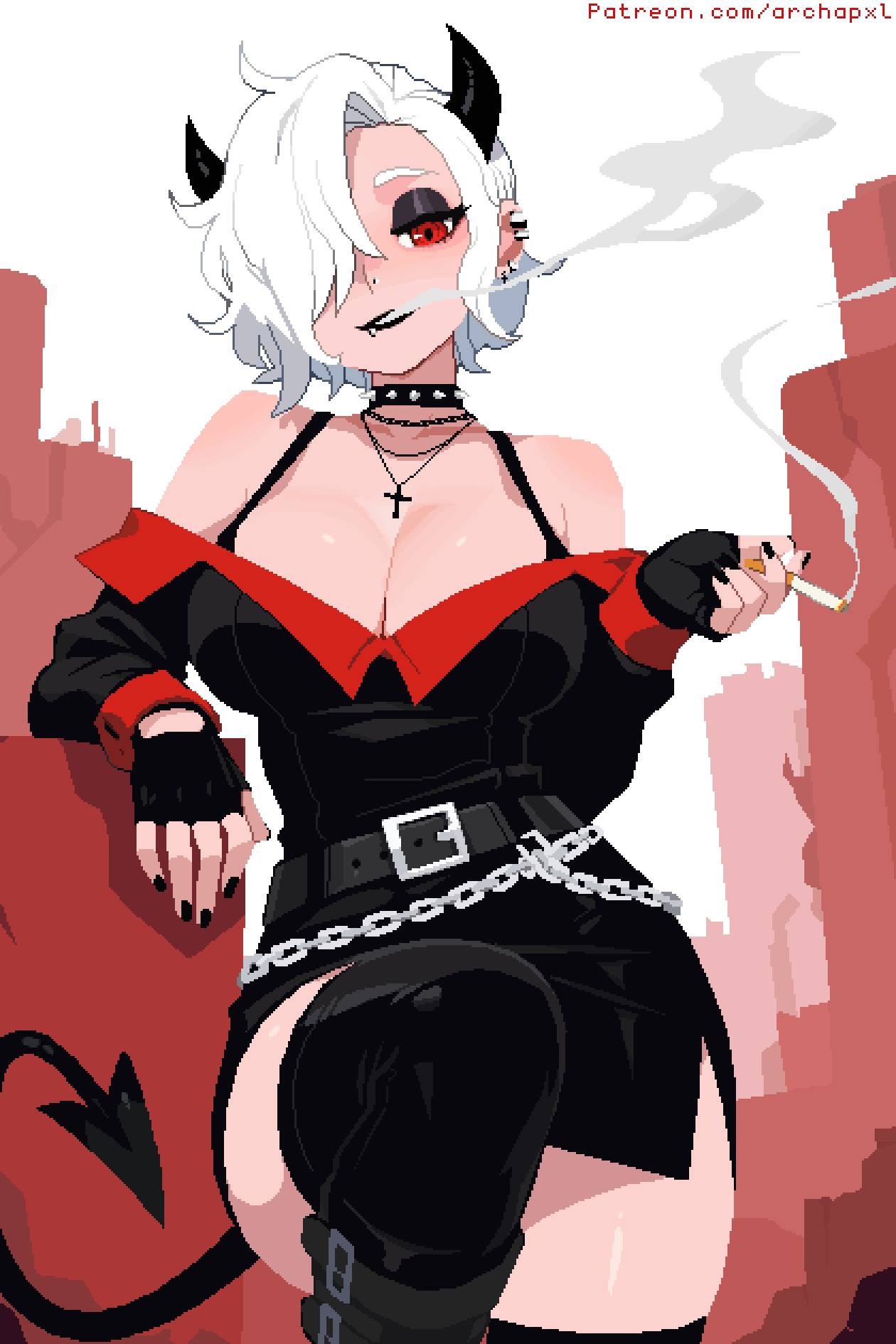 archapxl, zdrada (helltaker), helltaker, highres, variant set, 1girl, arm rest, artist name, belt, black belt, black boots, black dress, black gloves, black horns, black nails, boots, breasts, chain, cigarette, cleavage, collar, cross, cross necklace, demon, demon girl, demon horns, demon tail, dress, ear piercing, eyeshadow, fingerless gloves, gloves, hair over one eye, horns, jewelry, large breasts, leg up, looking at viewer, makeup, necklace, piercing, pixel art, red eyes, sharp teeth, short hair, smoking, spiked collar, spikes, tail, teeth, watermark, web address, white hair