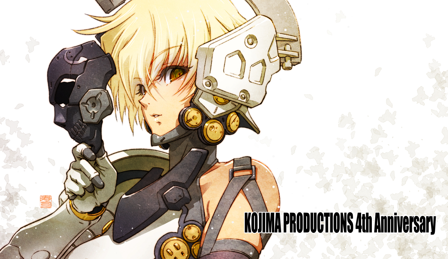 kotobuki tsukasa, kojima productions, 1girl, black mask, blonde hair, bodysuit, genderswap, genderswap (mtf), gloves, lips, looking at viewer, ludens, mascot, short hair, solo, yellow eyes