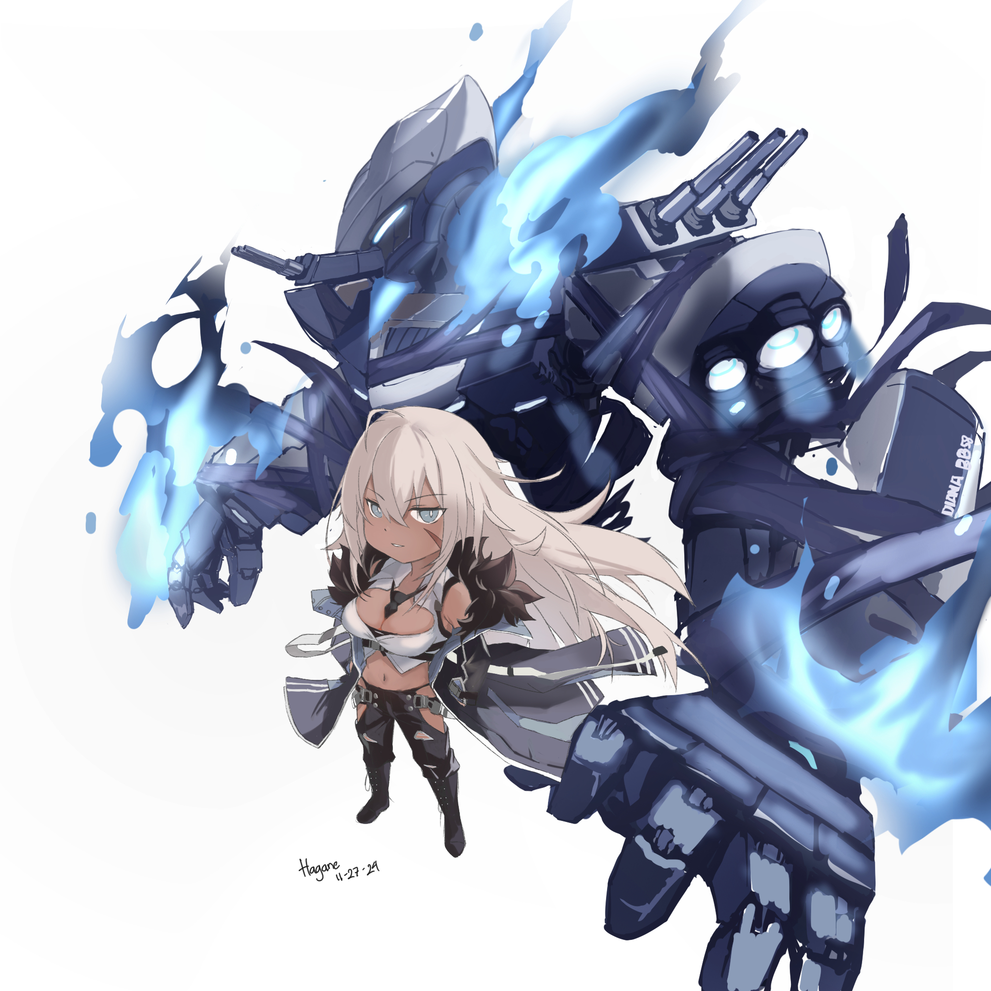 haganeuma, indiana (azur lane), azur lane, highres, 1girl, black boots, black coat, black necktie, blue eyes, blue fire, boots, breasts, chibi, chibi only, cleavage, coat, dark-skinned female, dark skin, facial scar, fire, fur-trimmed coat, fur trim, knee boots, large breasts, long hair, looking at viewer, midriff, navel, necktie, open clothes, open coat, rigging, robot, scar, scar on cheek, scar on face, ship turret, signature, simple background, solo, stomach, white background, white hair