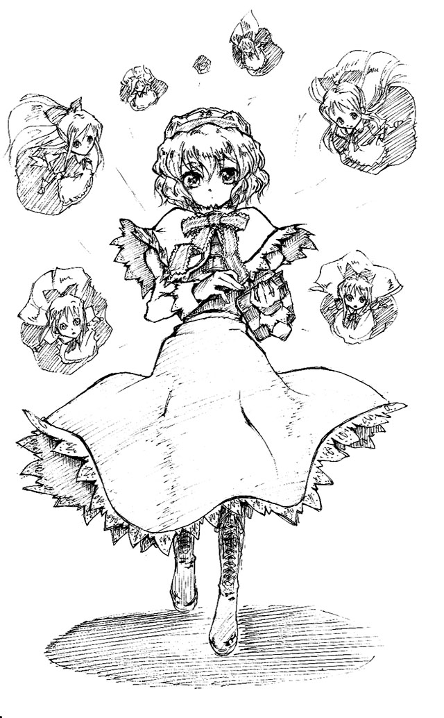 blackheart, alice margatroid, shanghai doll, touhou, 1girl, book, female focus, full body, greyscale, grimoire, grimoire of alice, monochrome, ribbon, short hair, skirt, solo, white background