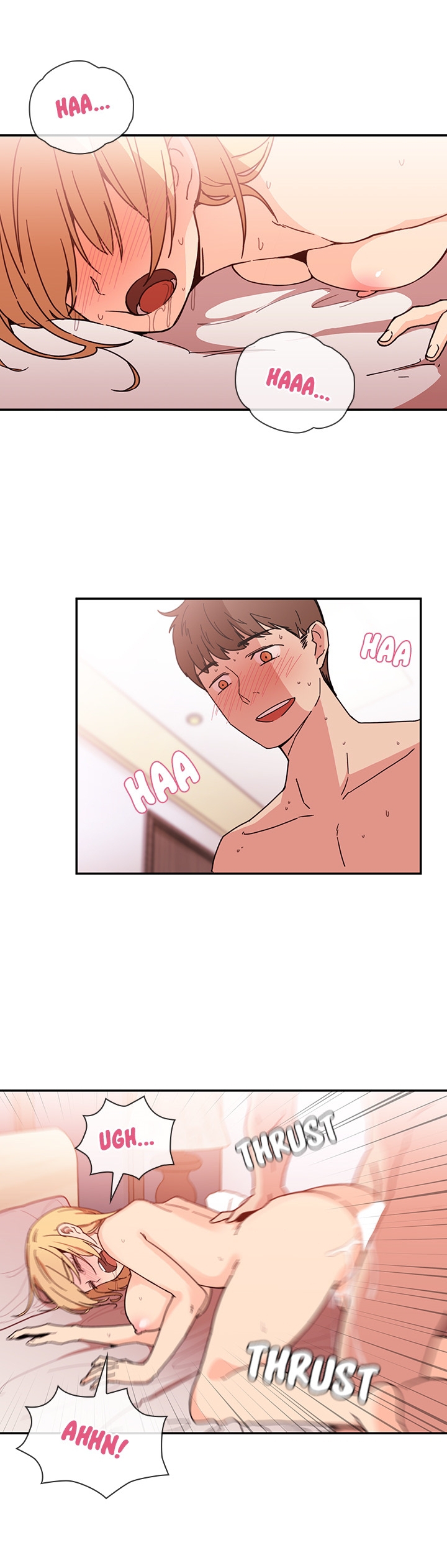 pornhwa, webtoon, 1boy, 1girl, bare back, bare shoulders, bed, bed sheet, blonde hair, blush, breasts, brown hair, censored, cheating (relationship), closed eyes, collarbone, doggystyle, dress, drooling, large breasts, lying, medium dress, nipples, nude, on stomach, open mouth, orange eyes, penis, pillow, pussy juice, saliva, saliva trail, sex, sex from behind, short hair, sweat, sweatdrop, teeth