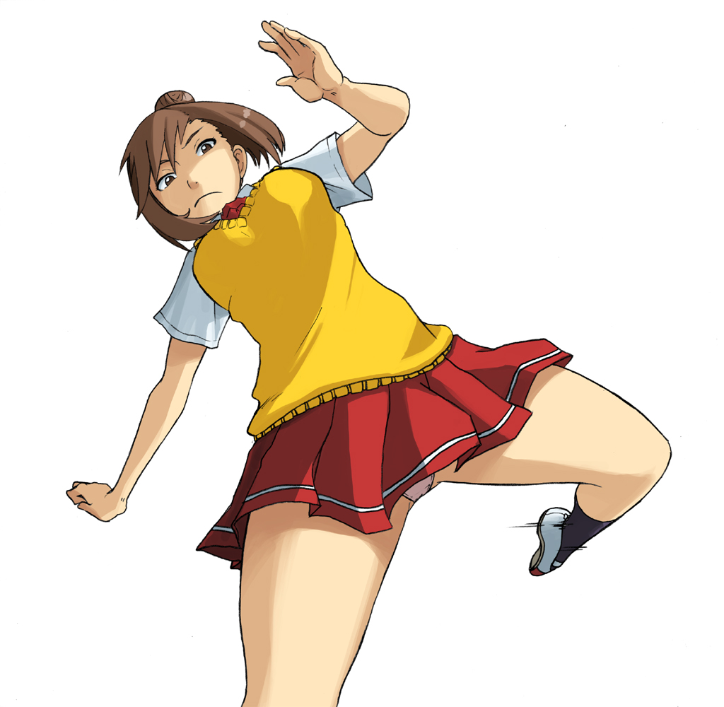 tachibana midori, tachibana roku, bad id, bad pixiv id, 1girl, cardigan, female focus, kicking, panties, pantyshot, pink panties, plantar flexion, school uniform, solo, sweater vest, underwear, vest