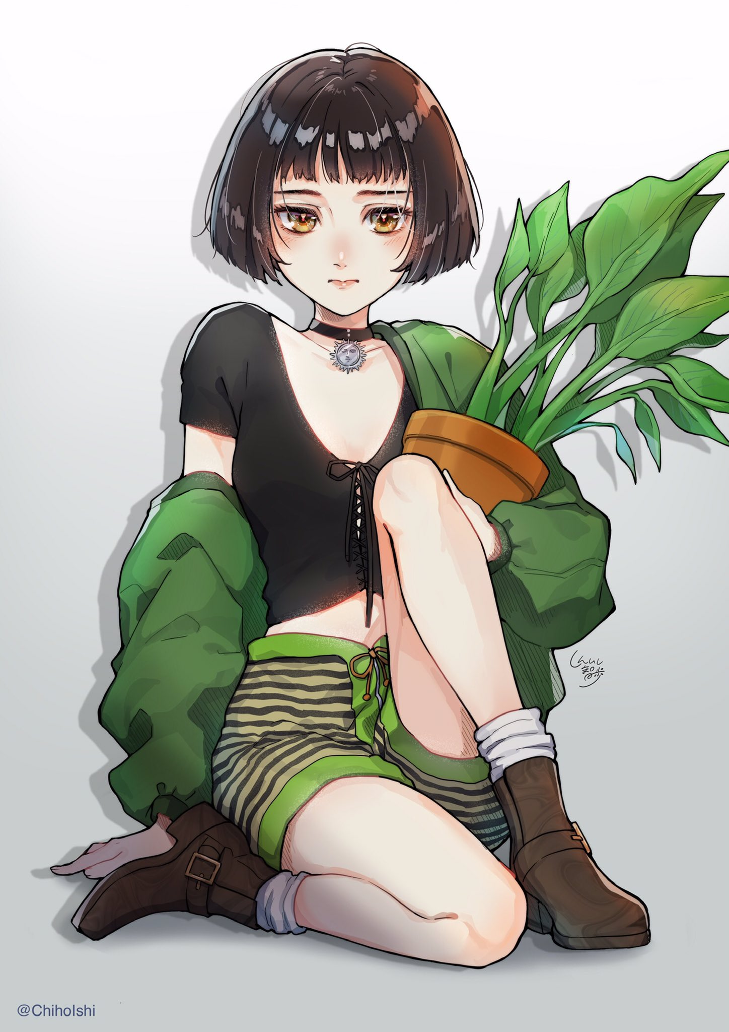 shinishi chiho, mathilda lando, leon the professional, commentary, commentary request, highres, 1girl, :|, ankle boots, arm support, artist name, black choker, black shirt, blunt bangs, blunt ends, blush, bob cut, boots, breasts, brown boots, brown eyes, brown hair, choker, closed mouth, collarbone, crop top, cropped shirt, drawstring, drop shadow, expressionless, eyelashes, flower pot, full body, gradient background, green jacket, green trim, holding, holding flower pot, jacket, knee up, lace-up top, long sleeves, looking at viewer, loose hair strand, loose socks, midriff, off shoulder, on ground, open clothes, open jacket, pendant choker, pink lips, plant, potted plant, shirt, short hair, short sleeves, shorts, signature, sitting, small breasts, socks, solo, striped clothes, striped shorts, twitter username, white background, white socks