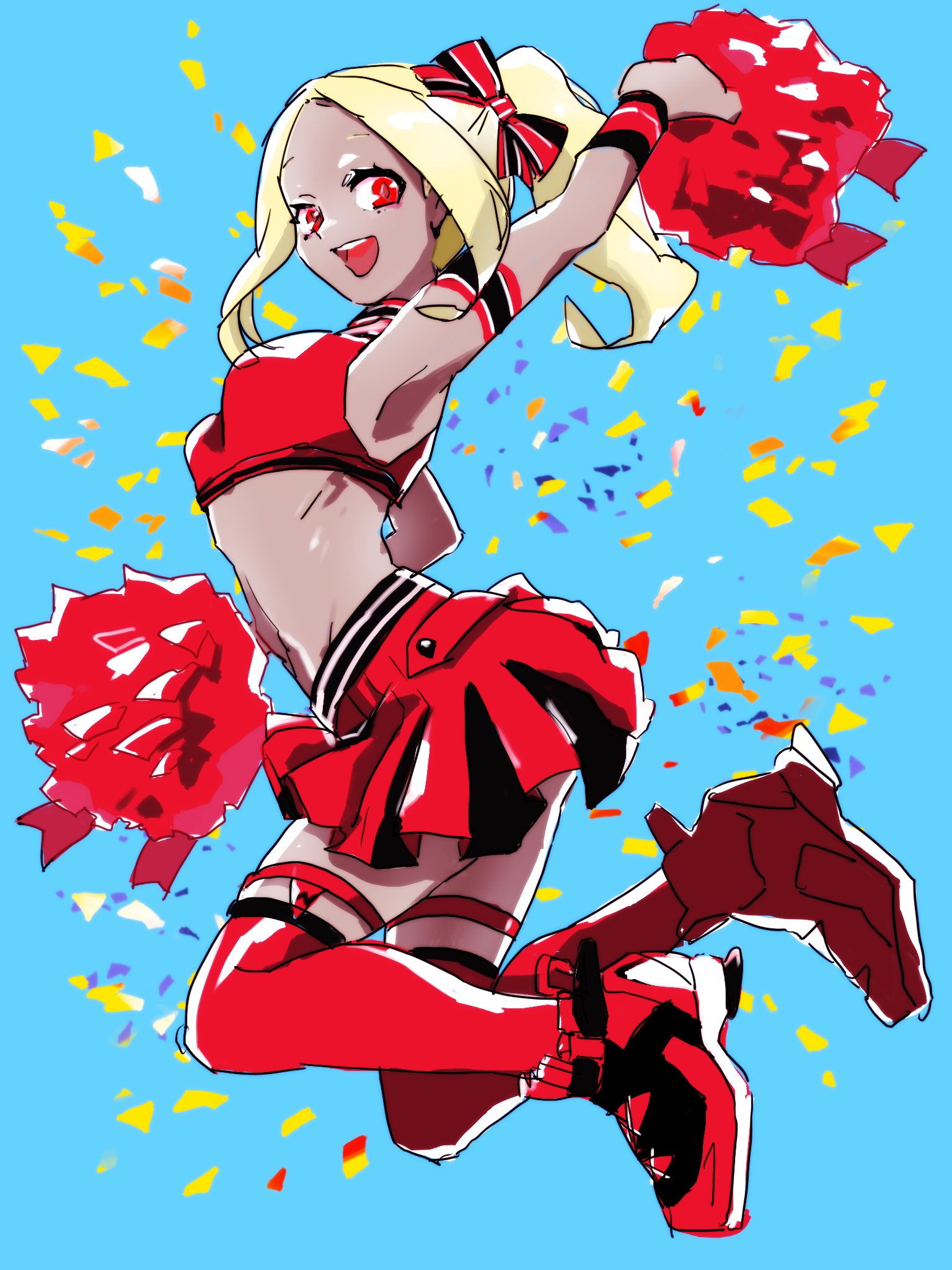 no31990, kitten (gravity daze), gravity daze, highres, 1girl, blonde hair, breasts, cheering, cheerleader, crop top, dark-skinned female, dark skin, holding, holding pom poms, long hair, looking at viewer, midriff, open mouth, pom pom (cheerleading), pom poms, red eyes, red skirt, red thighhighs, shoes, skirt, smile, sneakers, solo, thighhighs