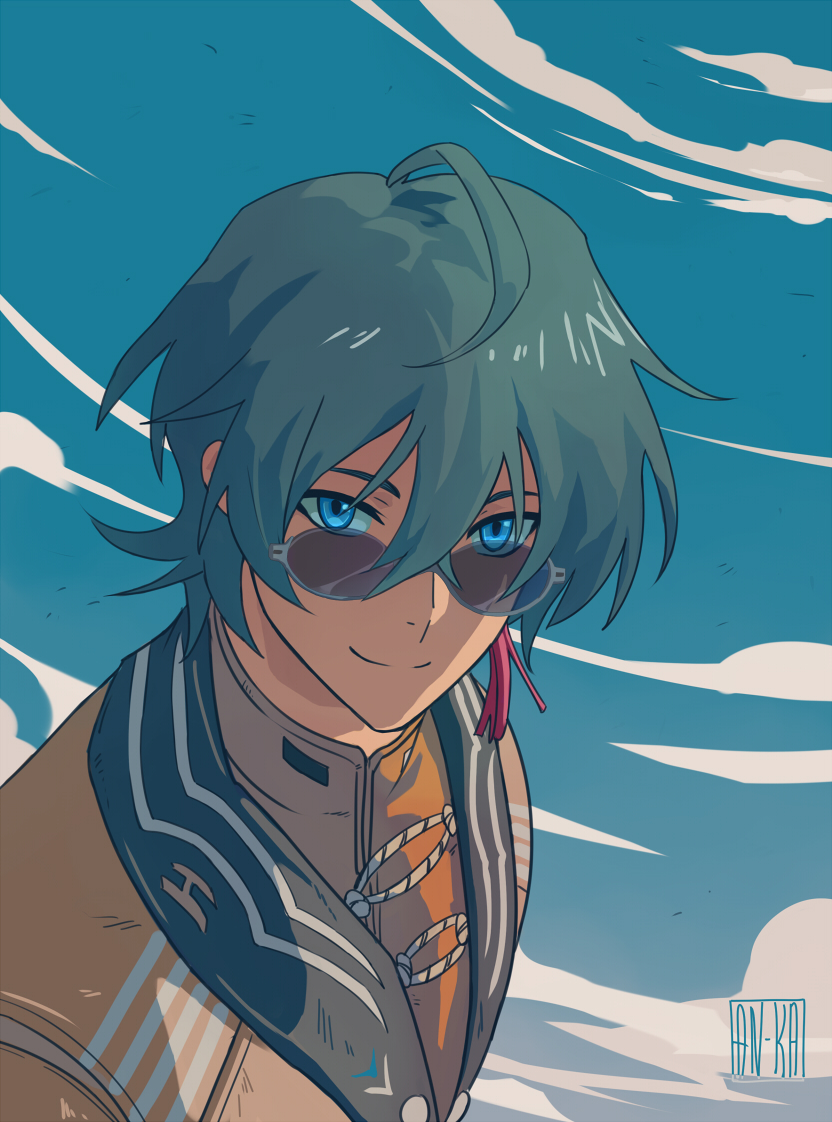 kaa05n2, wise (soaring crane) (zenless zone zero), wise (zenless zone zero), zenless zone zero, 1boy, artist name, blue eyes, blue sky, chinese clothes, cloud, earrings, grey hair, jacket, jewelry, looking at viewer, looking over eyewear, male focus, sky, smile, solo, sunglasses, yellow jacket