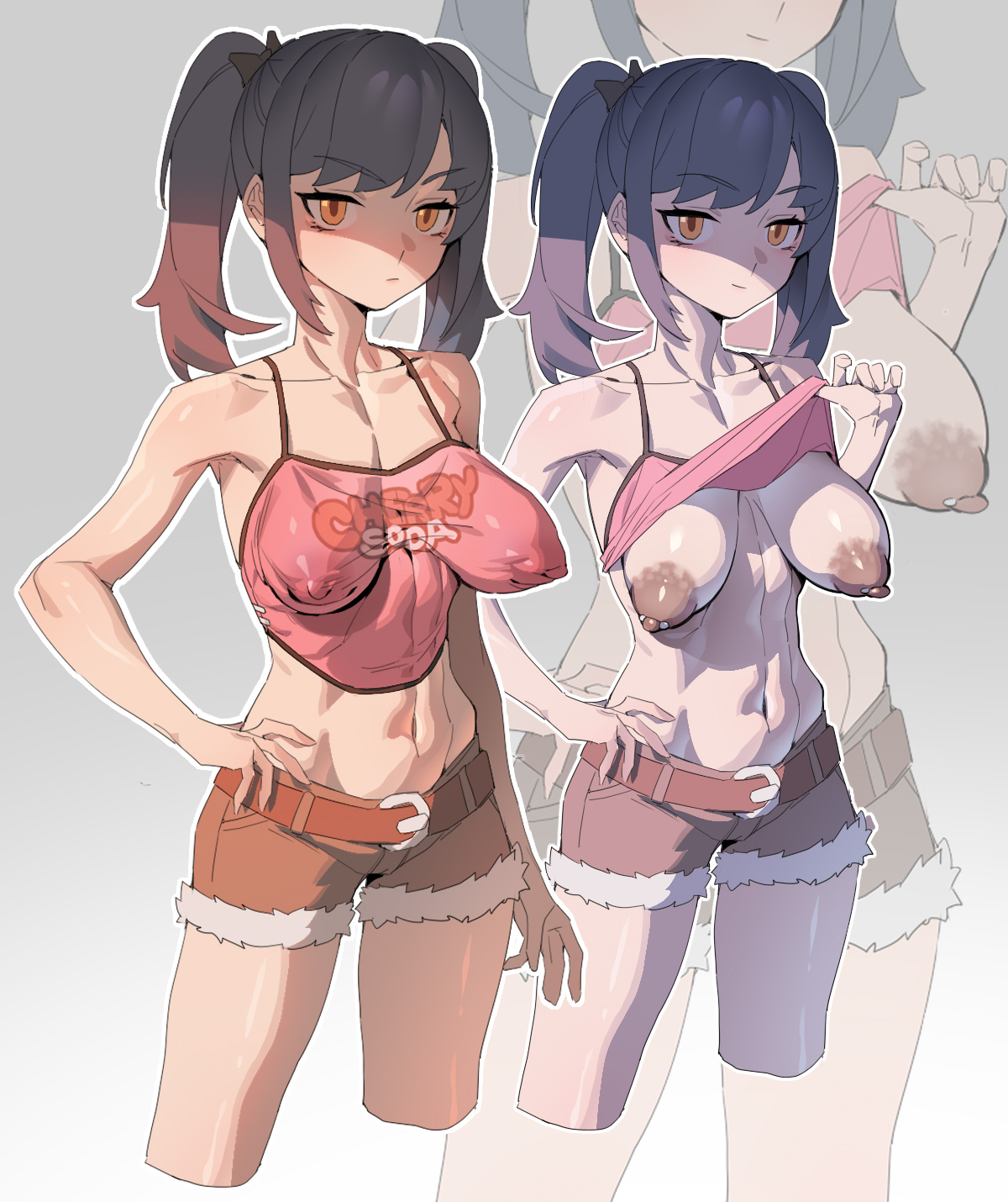wohaimeiyou, zenless zone zero, chinese commentary, commentary, commentary request, highres, 1girl, bare shoulders, belt, black hair, breasts, clothes lift, covered erect nipples, hand on own hip, large breasts, long hair, looking at viewer, midriff, navel, nipple piercing, nipples, piercing, sagging breasts, shirt lift, shorts, smile, tank top, twintails, yellow eyes, zoom layer