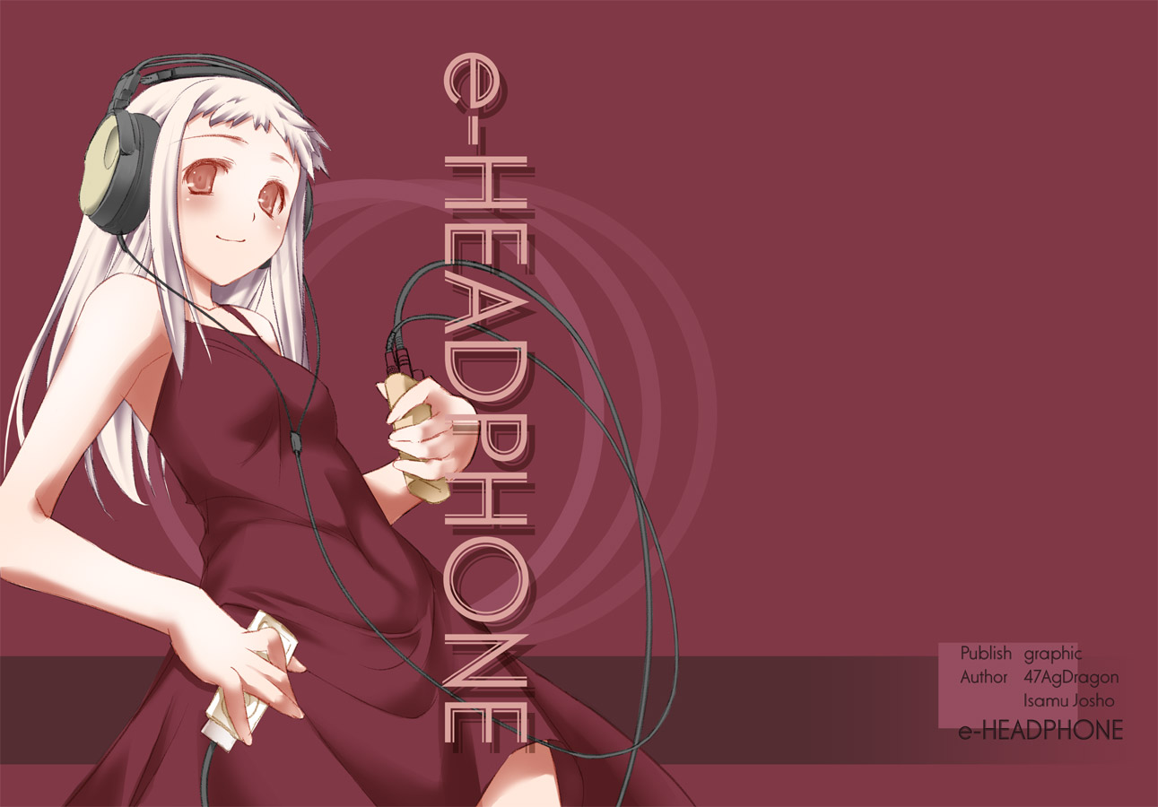 47agdragon, original, dress, headphones, red hair, smile, white hair