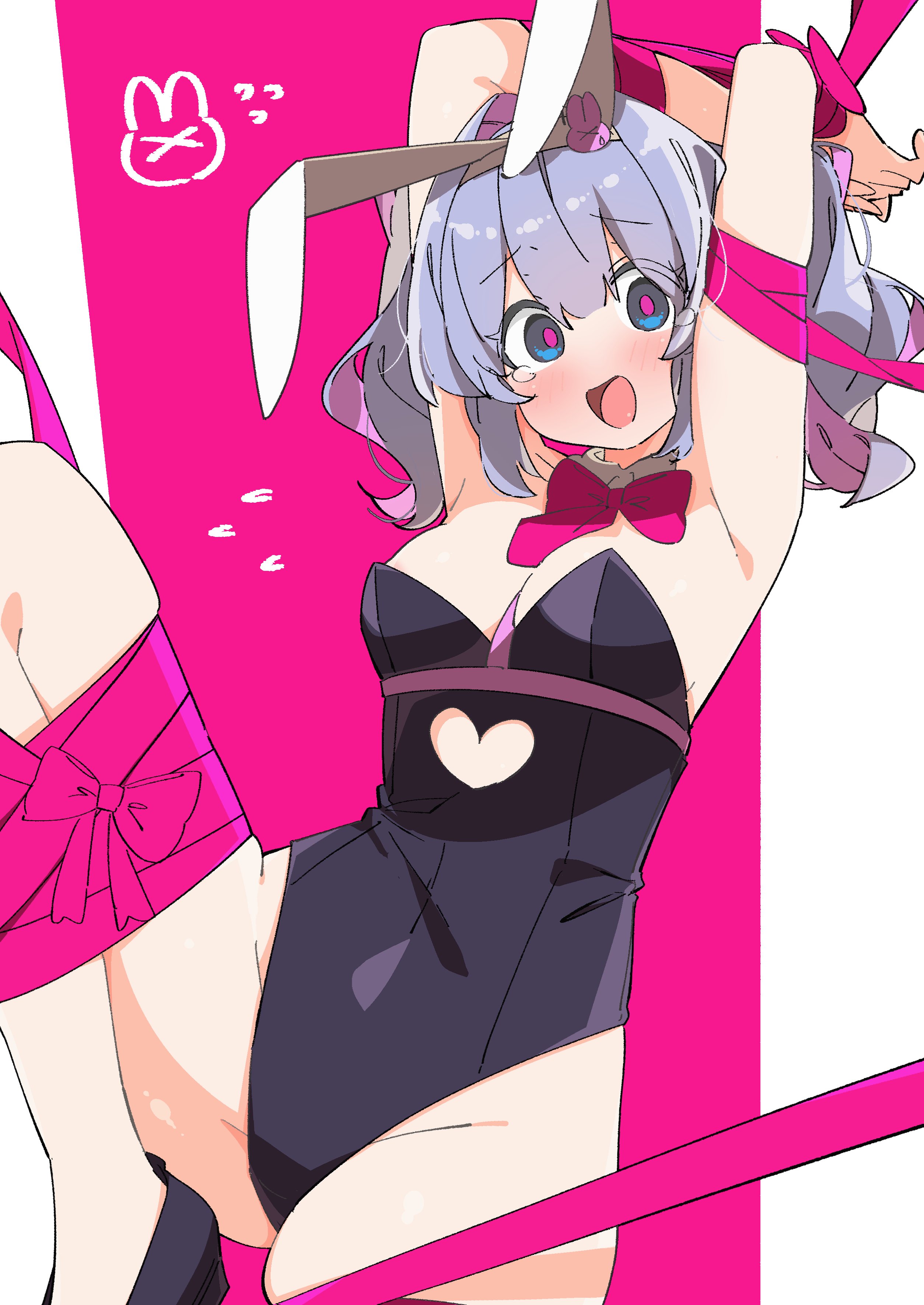 uruti 2388, hatsune miku, rabbit hole (vocaloid), vocaloid, absurdres, hashtag-only commentary, highres, 1girl, animal ears, armpits, arms up, black leotard, black shoes, blue eyes, blue hair, blush, bound, bound arms, bound legs, bow, bowtie, breasts, cleavage, clothing cutout, detached collar, feet out of frame, flying sweatdrops, heart cutout, leotard, looking at viewer, medium breasts, open mouth, pink bow, pink bowtie, pink pupils, pink ribbon, rabbit ears, restrained, ribbon, shoes, single tear, solo, strapless, strapless leotard, twintails, wavy hair