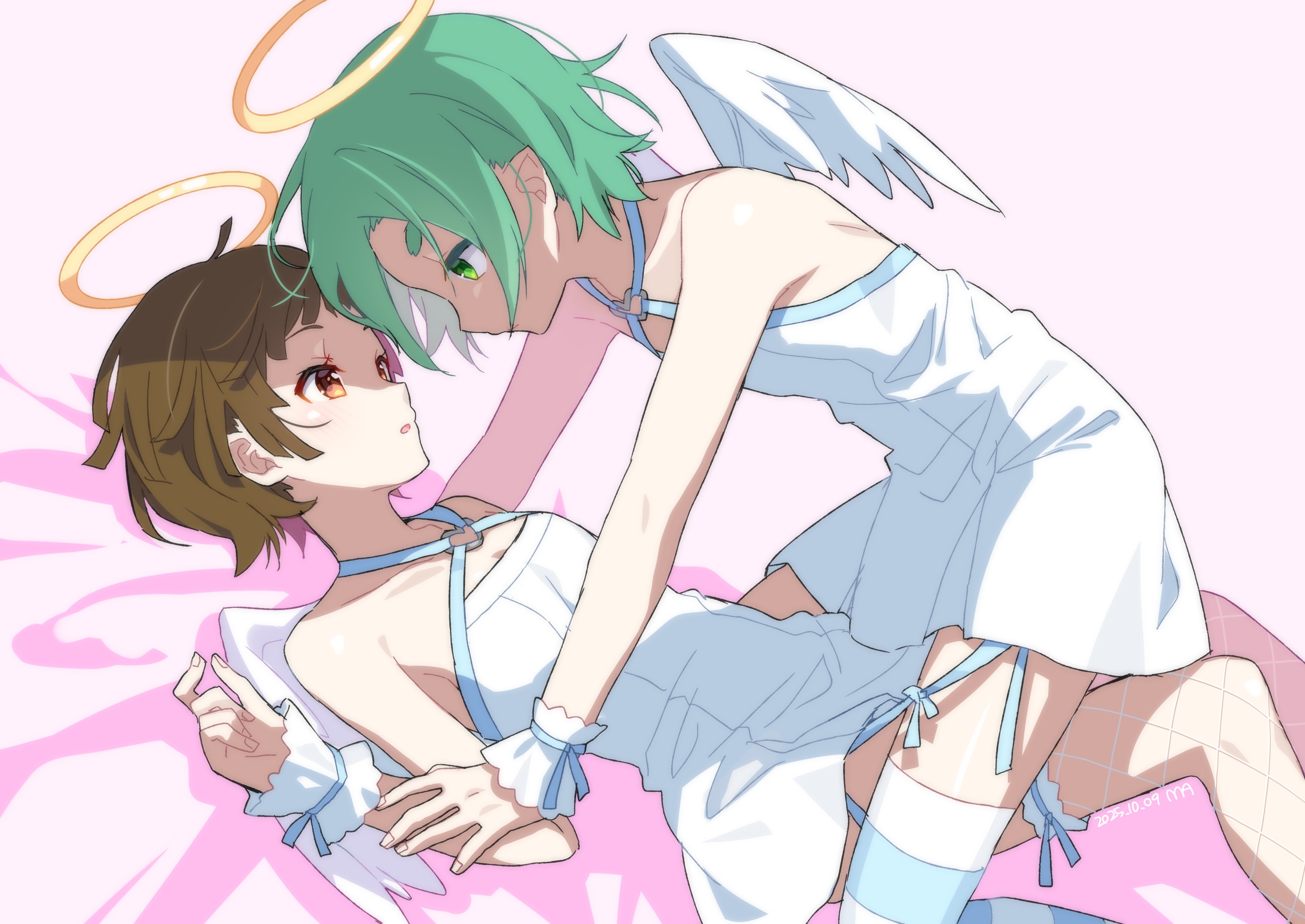 manimani (mani ma), ononoki yotsugi, sengoku nadeko, monogatari (series), absurdres, highres, 2girls, alternate costume, angel, angel wings, brown eyes, brown hair, dress, fishnet thighhighs, fishnets, from side, girl on top, green eyes, green hair, halo, hand on another's arm, heart, heart o-ring, light blush, looking at another, lying, multiple girls, o-ring, on back, on bed, short hair, sidelocks, thighhighs, traditional halo, two-tone thighhighs, white dress, wings, wrist cuffs, yuri