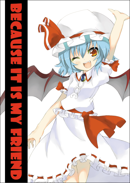 shingetsu takehito, remilia scarlet, touhou, 1girl, :d, ;d, arm up, bat wings, blue hair, brown eyes, fang, female focus, happy, hat, one eye closed, open mouth, outstretched arm, red eyes, ribbon, skirt, smile, solo, wings, wink