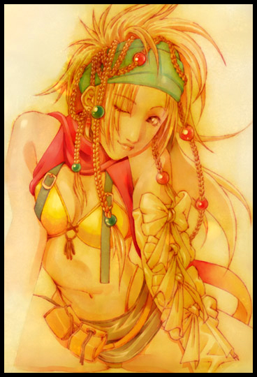 ill-zyon, ill (0022), rikku (ff10), final fantasy, final fantasy x, final fantasy x-2, 00s, 1girl, bikini, blonde hair, braid, female focus, gradient background, hair ornament, headband, long hair, one eye closed, scarf, solo, sphere hair ornament, swimsuit, wink, yellow bikini