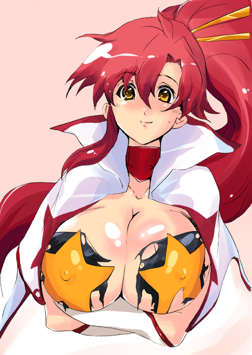 soyoking, space yoko, yoko littner, tengen toppa gurren lagann, breast hold, 00s, 1girl, bodypaint, breast lift, breasts, cape, cleavage, false clothes, female focus, huge breasts, long hair, looking at viewer, painted clothes, ponytail, red hair, simple background, smile, solo, strapless, tube top, yellow eyes