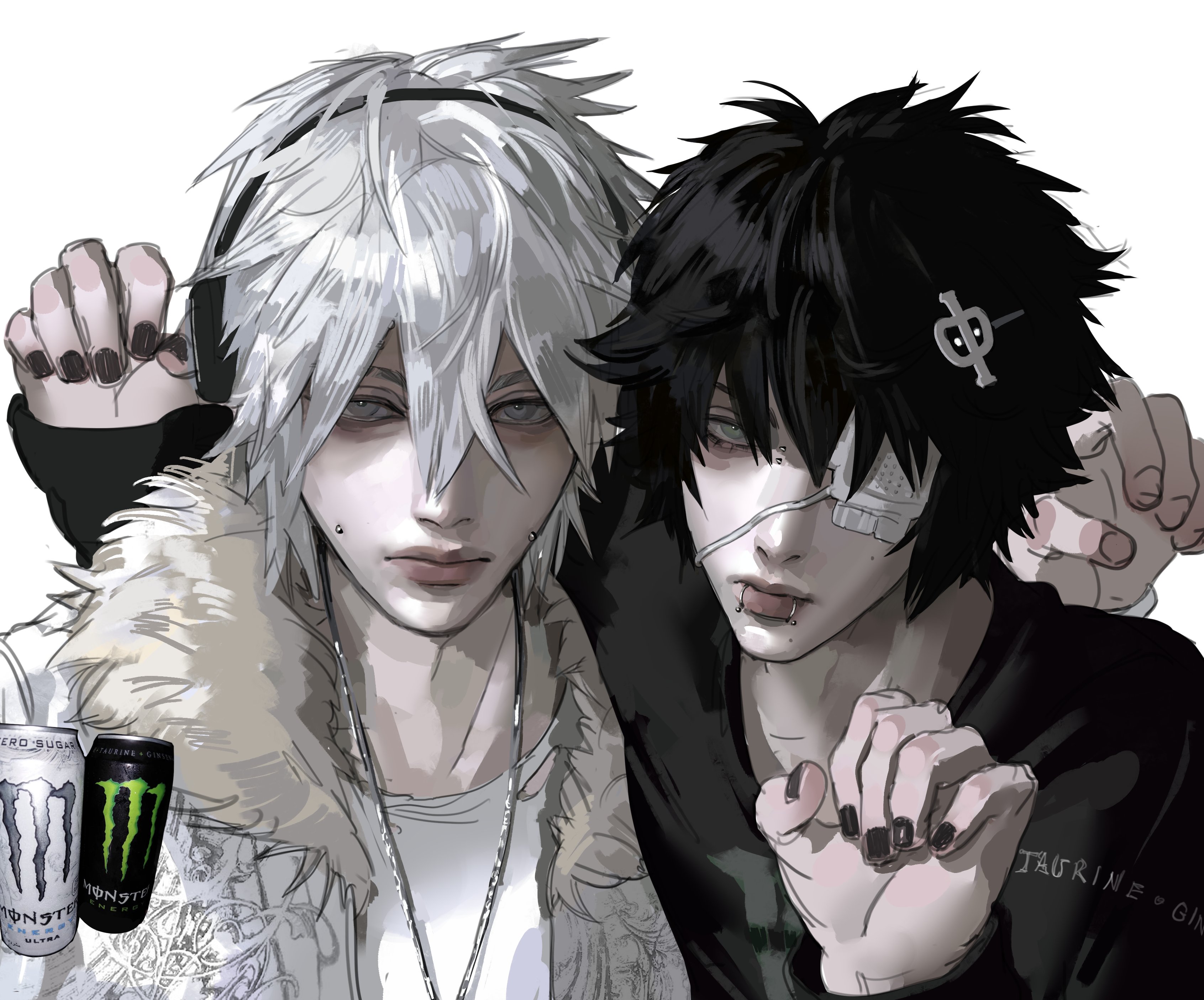 iba (kcokaine), monster energy, original, absurdres, commentary, english commentary, highres, 2boys, bags under eyes, black hair, black nails, cheek piercing, eyepatch, face piercing, fur trim, hair between eyes, headphones, lip piercing, lips, long sleeves, looking at viewer, male focus, medical eyepatch, multiple boys, nose, paw pose, piercing, short hair, upper body, white hair