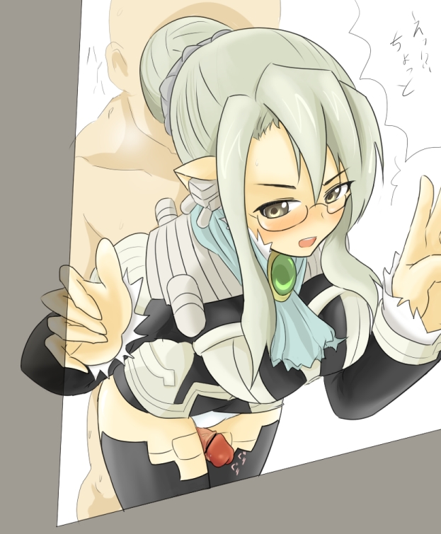 momio, bad id, bad pixiv id, character request, 1boy, 1girl, bald, bar censor, blush, breasts, censored, cleavage, dry humping, glasses, grinding, hair bun, hetero, humping, open mouth, panties, pantyshot, penis, thigh sex, thighhighs, thighs, underwear, white panties
