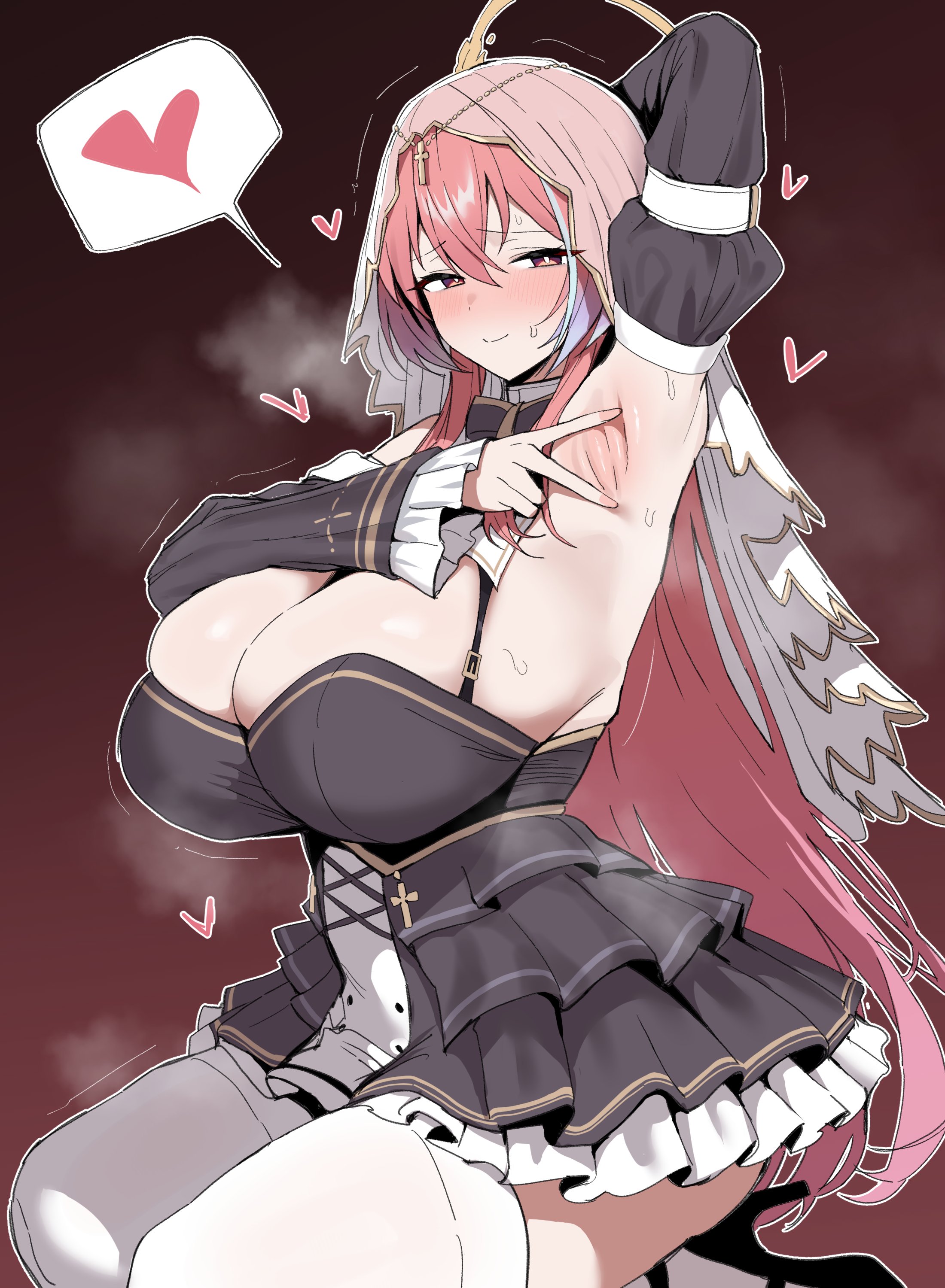 xipa, absurdres, character request, commentary, copyright request, highres, 1girl, arm behind head, arm up, armpits, black shoes, blush, breasts, brown eyes, brown hair, cleavage, closed mouth, collar, cross, detached sleeves, dress, fingernails, grey dress, hair between eyes, heart, high heels, large breasts, long sleeves, looking at viewer, presenting armpit, shoes, simple background, sitting, smile, solo, speech bubble, sweat, thighhighs, v, white thighhighs