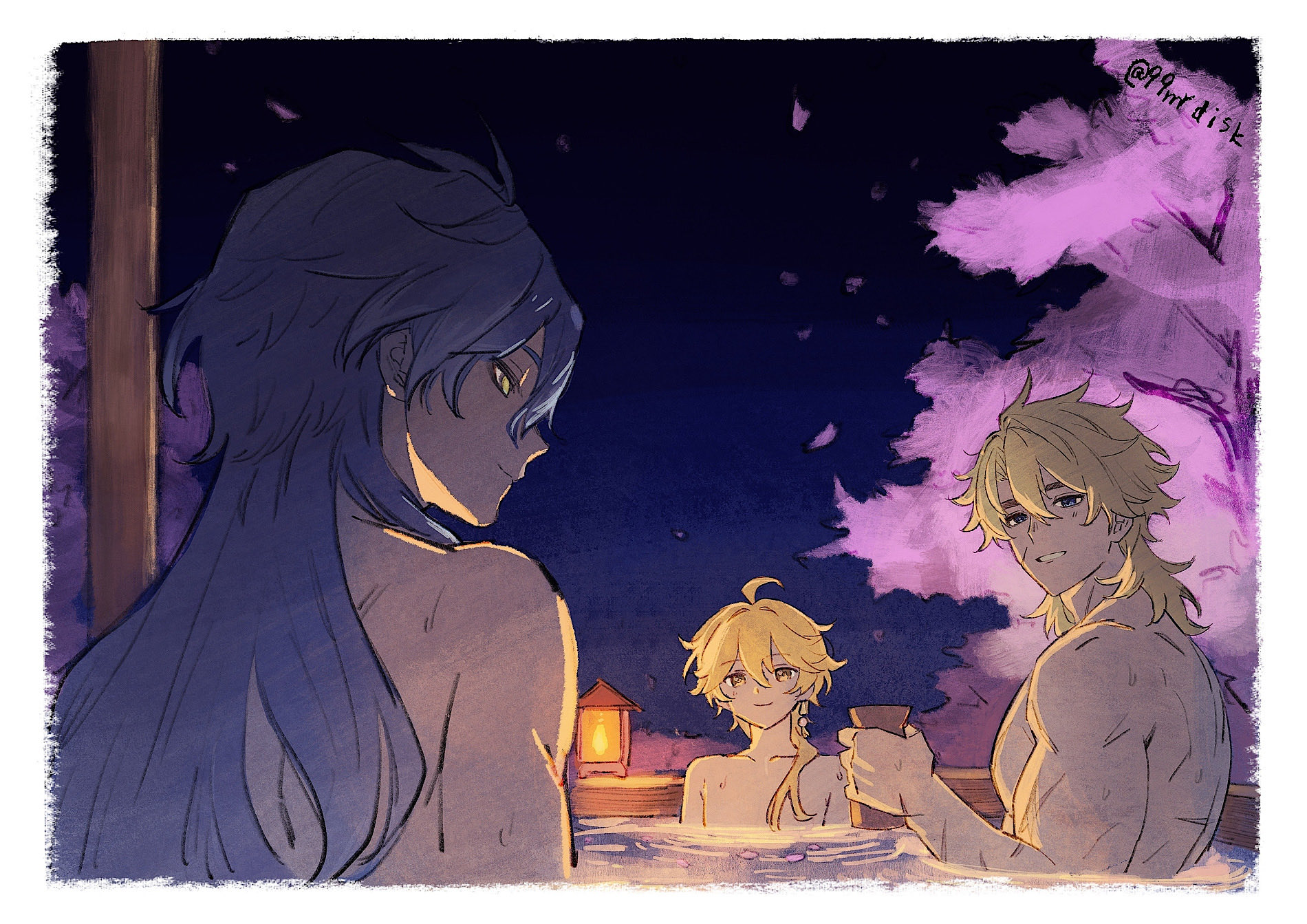 aether (genshin impact), flins (genshin impact), varka (genshin impact), genshin impact, commentary, highres, symbol-only commentary, 3boys, ahoge, antenna hair, artist name, biceps, blonde hair, blue eyes, blue hair, border, bottle, cherry blossoms, closed mouth, collarbone, earrings, facial scar, grin, hair between eyes, hair over shoulder, hand up, holding, holding bottle, jewelry, kotooooo88, lantern, long hair, male focus, medium hair, multiple boys, multiple scars, muscular, muscular male, night, night sky, onsen, outdoors, parted bangs, partially submerged, same-sex bathing, scar, scar on arm, scar on back, scar on cheek, scar on face, shared bathing, single earring, sky, smile, tokkuri, topless male, tree, twitter username, upper body, white border, yellow eyes