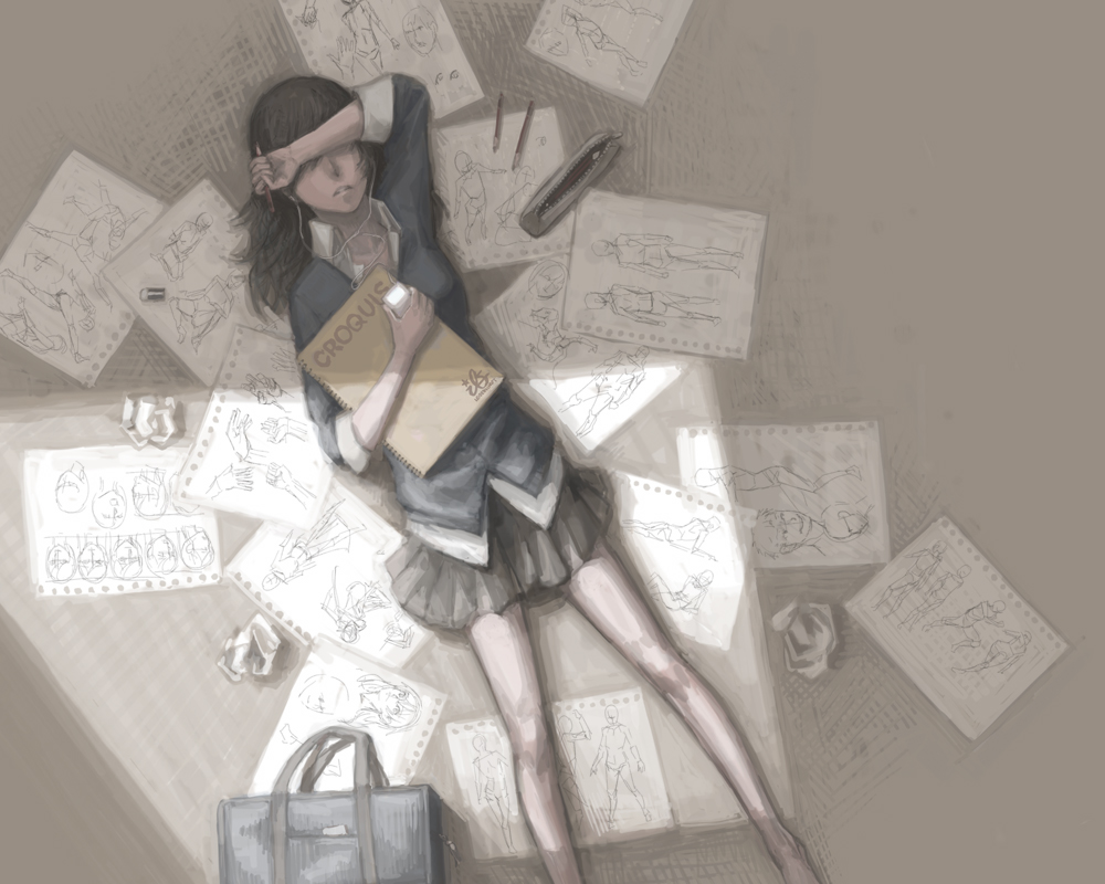 utu (ldnsft), oekaki musume, original, tombow mono, drawing, 1girl, bag, brown hair, covering face, covering own eyes, covering privates, digital media player, dress shirt, earphones, eraser, female focus, ipod, ipod nano, ipod nano 3g, long legs, lying, on back, paper, pencil, shirt, sketchbook, skirt, sleeves rolled up, solo, sweater, wooden pencil