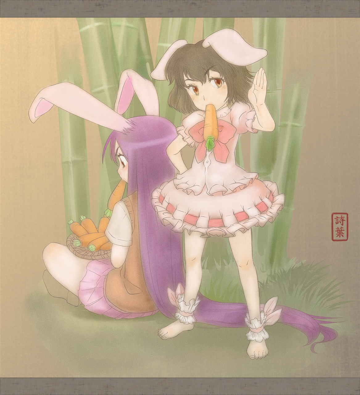 note-takahashi, takahashi note, inaba tewi, reisen udongein inaba, touhou, highres, 2girls, adapted costume, animal ears, ankle cuffs, bamboo, bamboo forest, barefoot, basket, brown hair, carrot, female focus, forest, long hair, mouth hold, multiple girls, nature, purple hair, rabbit ears, short hair, sitting, standing, very long hair