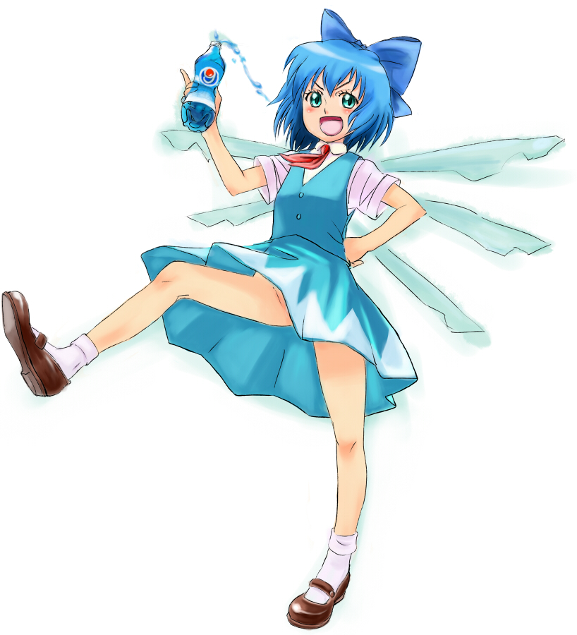 note-takahashi, takahashi note, cirno, embodiment of scarlet devil, pepsi, touhou, 1girl, bottle, brown shoes, circled 9, cola, female focus, mary janes, no panties, pepsi blue, shoes, simple background, socks, soda, solo, spill, white background